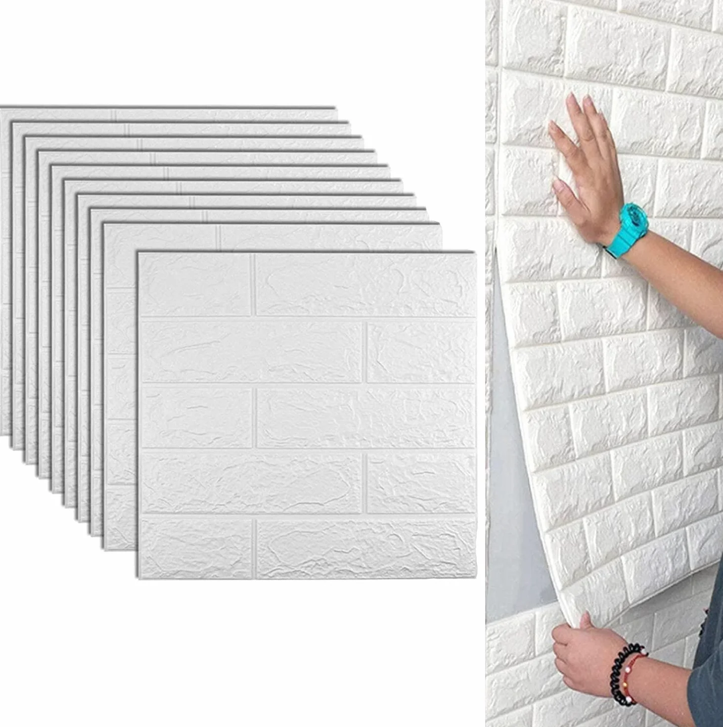 Tapeta 3D, panele ścienne, samoprzylepna, 10 sztuk, zdejmowana tapeta ścienna 3D, wzór cegły, tapeta ścienna, do salonu, sypialni, pokoju dziecięcego (35 x 38,5 cm, biała)
