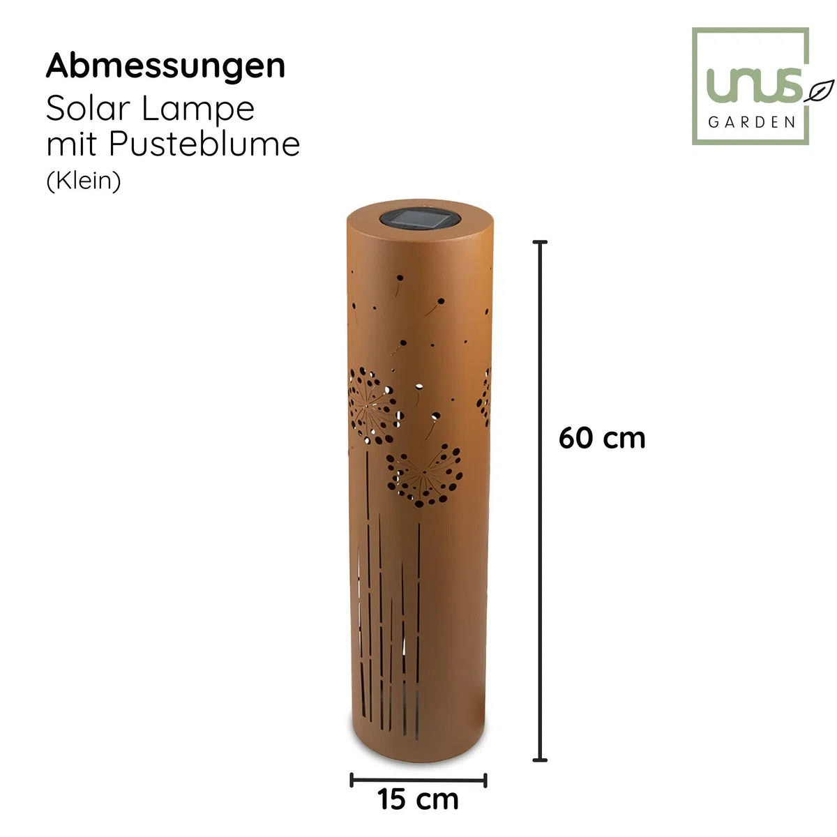 UNUS Zestaw 2 lamp solarnych do ogrodu 60 cm i 80 cm, z dmuchawcem, lampy ogrodowe do użytku na zewnątrz w kolorze rdzawego brązu, latarnia solarna do użytku na zewnątrz jako oświetlenie ogrodowe