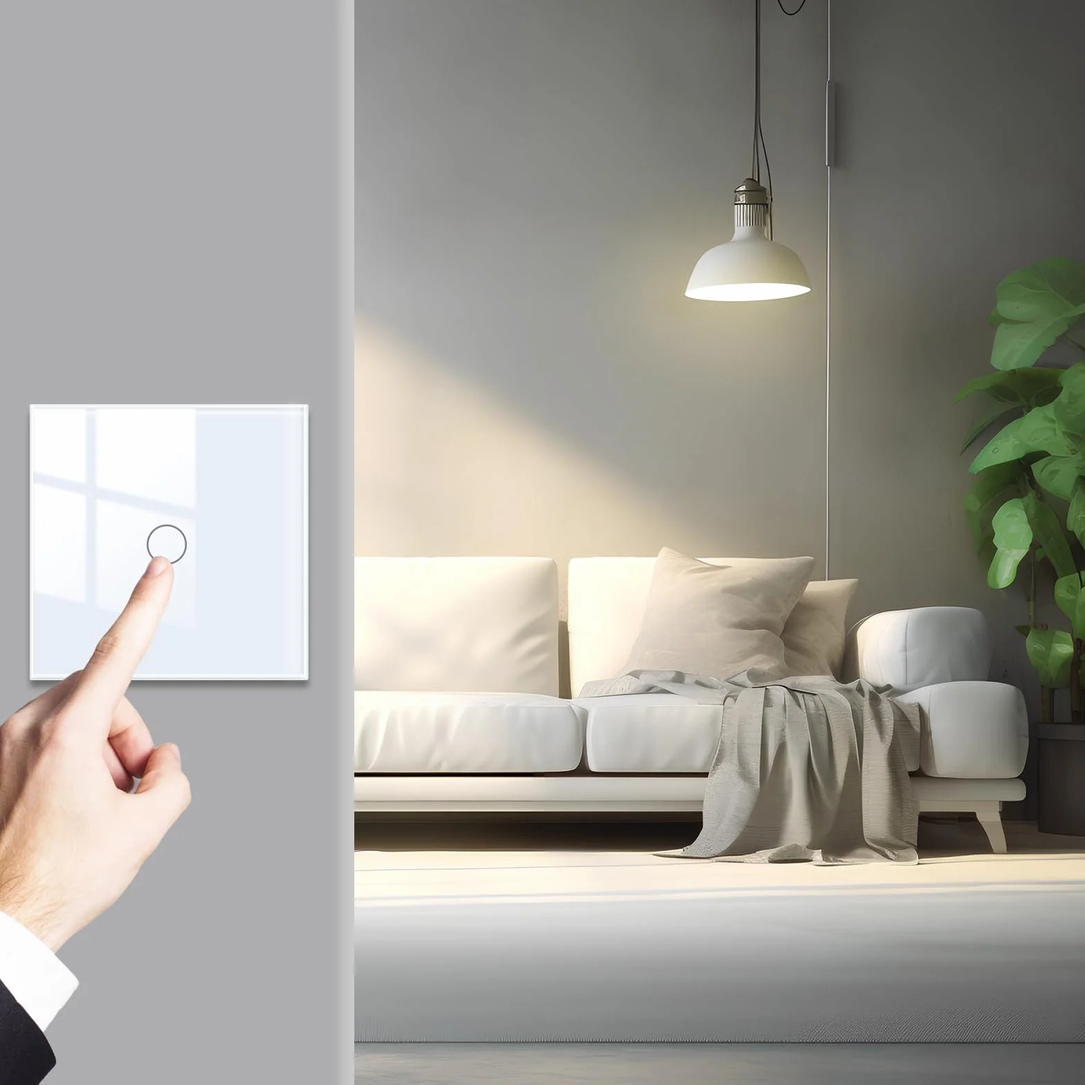 JIMEIDA Dotykowy włącznik światła, 1-drożny, z białym podtynkowym, szklanym panelem i przełącznikiem ściennym LED, AC 240 V, 500 W, 86 mm, nie jest wymagany przewód neutralny