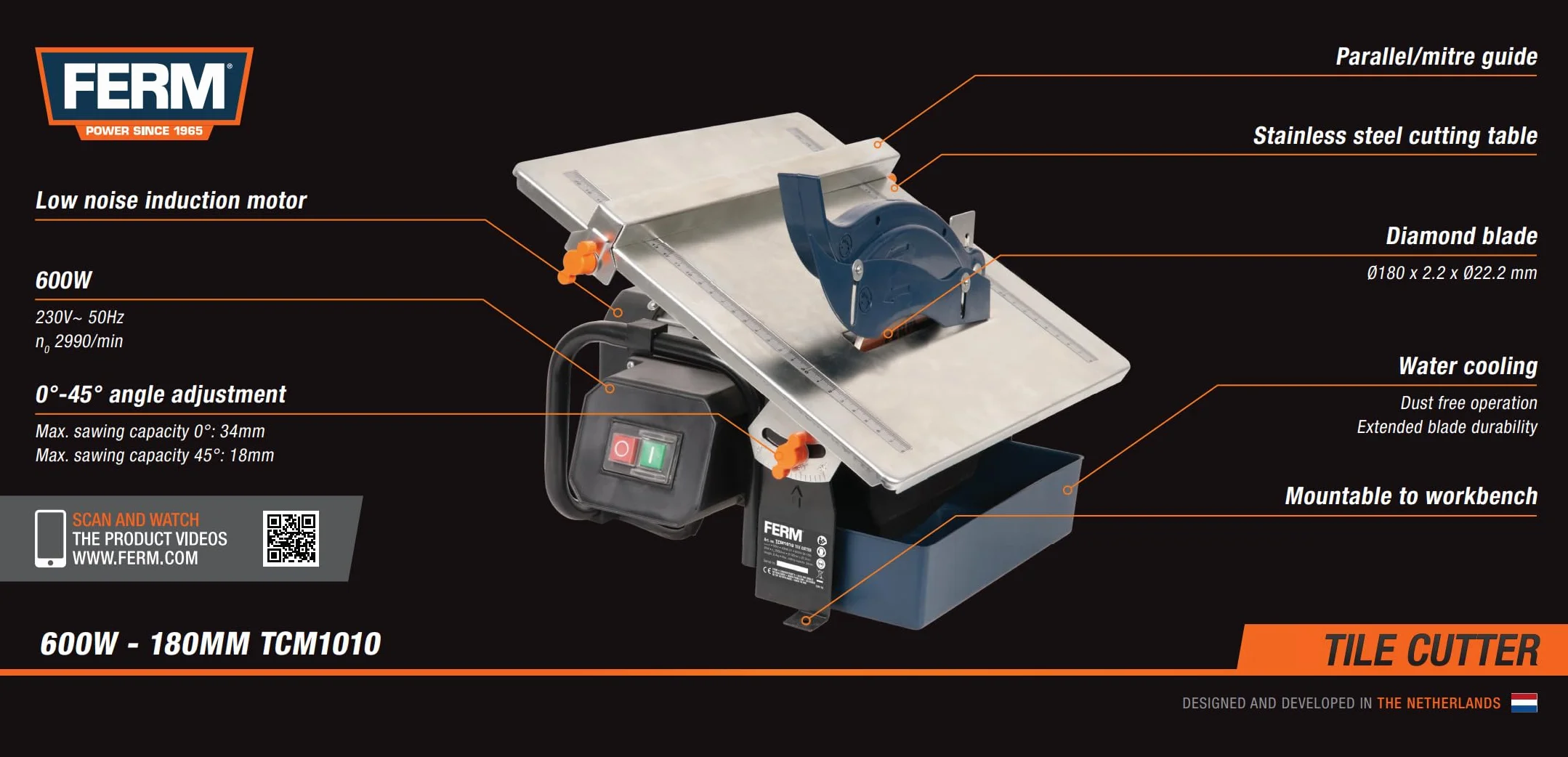 FERM TCM1010 przecinarka do płytek 600 W - 2950/min - tarcza diamentowa 180 mm - brzeszczot chłodzony wodą - regulacja 0-45 stopni