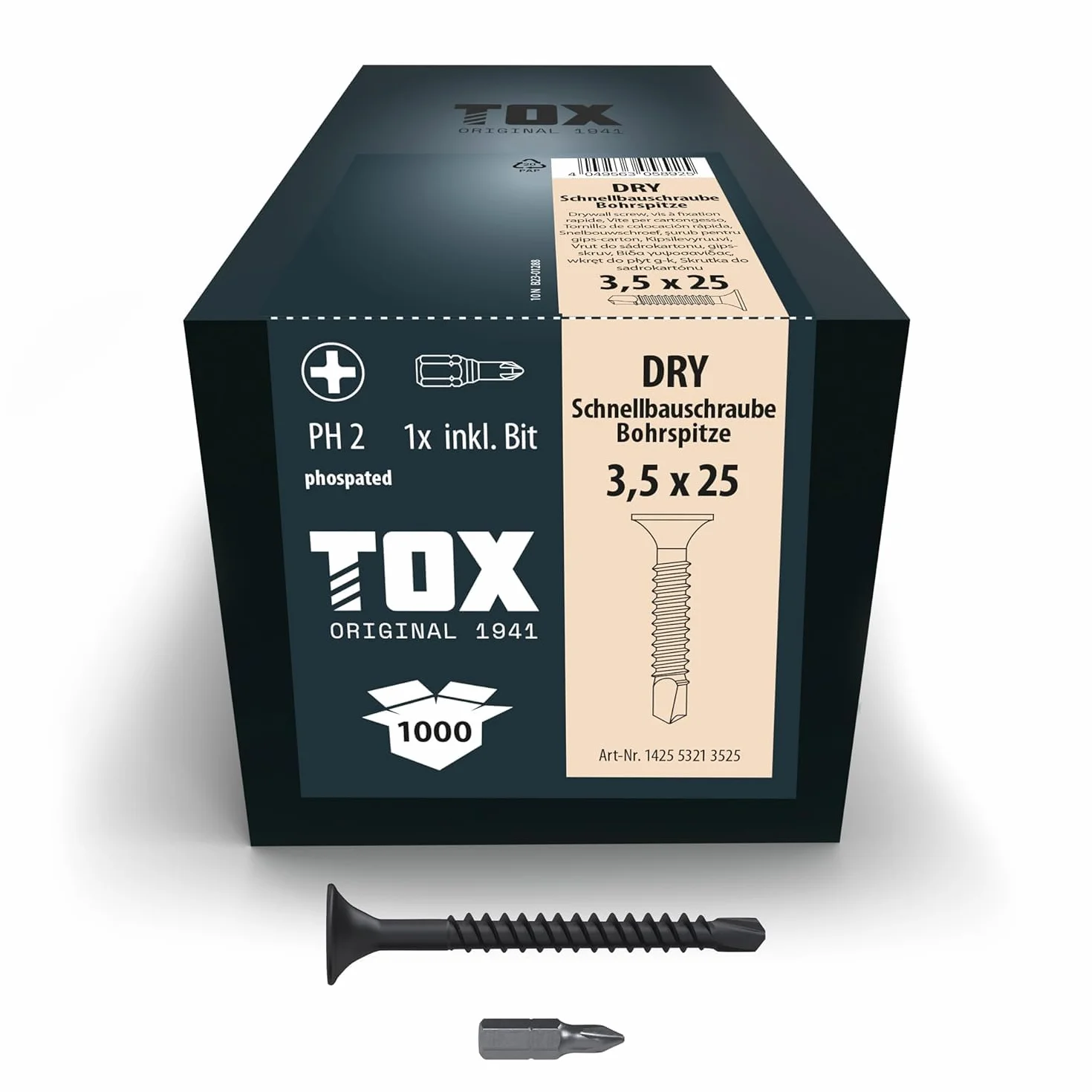TOX Wkręty do szybkiego montażu DRY BS 3,5 x 25 mm, śruby czarne fosforanowane z gwintem drobnym + końcówka wiertnicza, płyta gipsowo-kartonowa na metalowej konstrukcji podstawy, PH2, 1000 sztuk, w