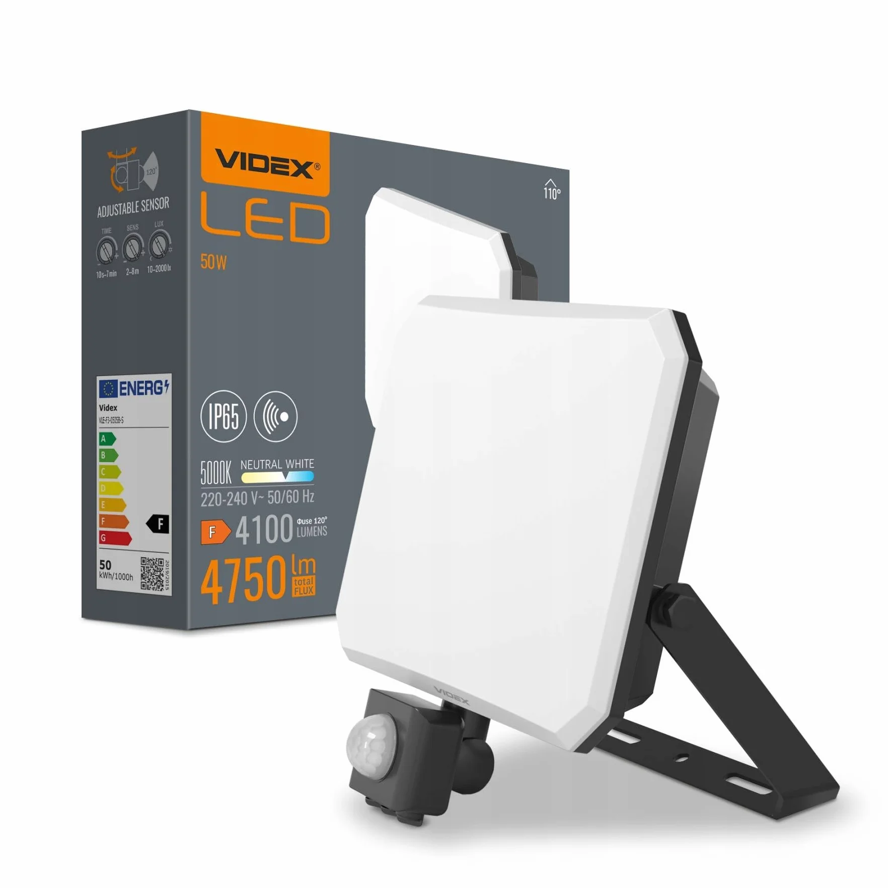 Lampa z Czujnikiem Ruchu Naświetlacz Halogen LED Videx 4750lm 50W IP65 IK07