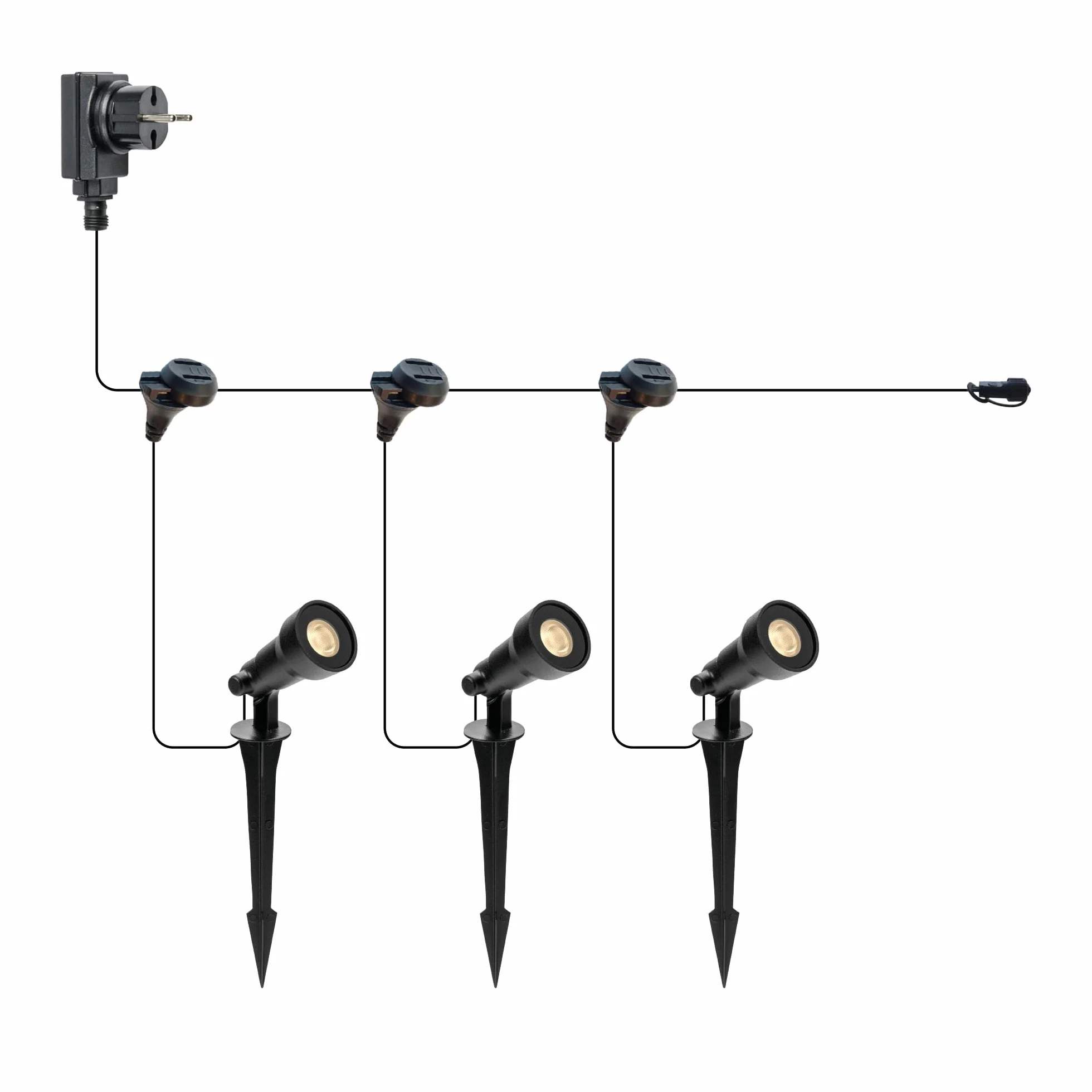 Xelloo zestaw oświetlenia ogrodowego CAS SMALL, 12 V, 3-częściowe oprawy o mocy 1 W LED w kolorze ciepłej bieli z kolcem uziemiającym, wodoodporne (IP65) i z praktycznym połączeniem przesuwnym