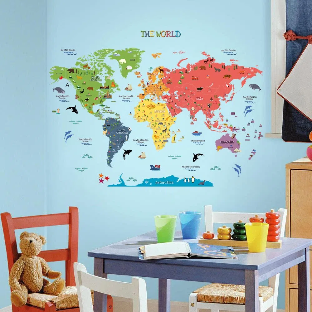Duże Dziecięce Edukacyjne Zwierzęta / Państwa Flaga Narodowa Mapa Świata Naklejki na ścianę Peel& Stick Naklejki na ścianę i naklejki do dekoracji domu Sztuka do pokoju dziecięcego Sypialnia
