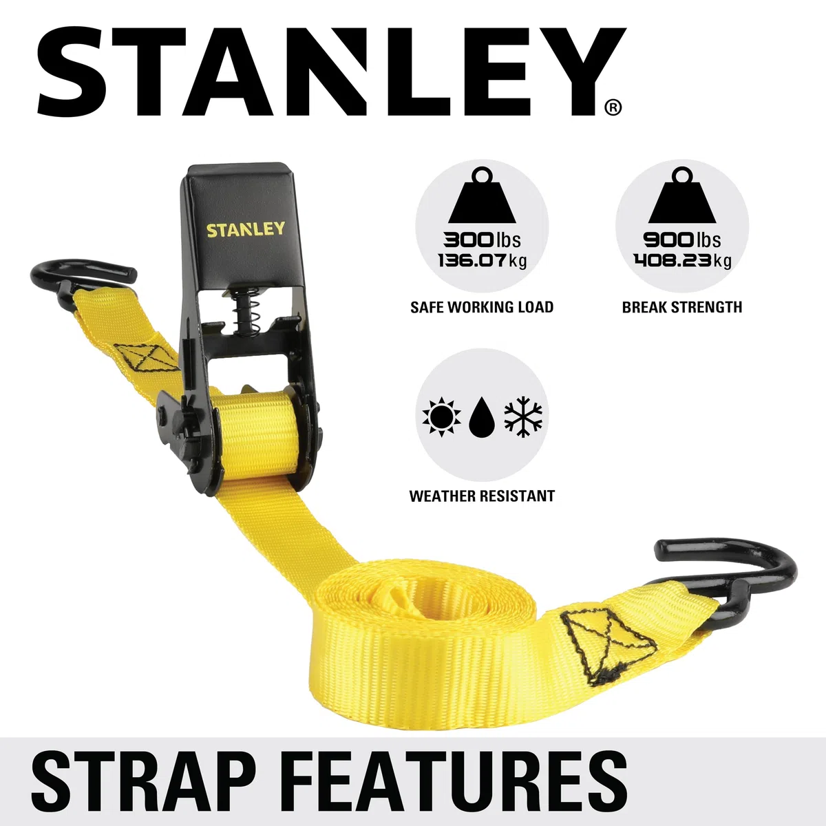 STANLEY S9500 Czarne/żółte paski z grzechotką 2,5 cm x 25,5 cm - lekki ładunek (obciążenie robocze 136 kg/wytrzymałość na rozerwanie 408 kg), 4 szt