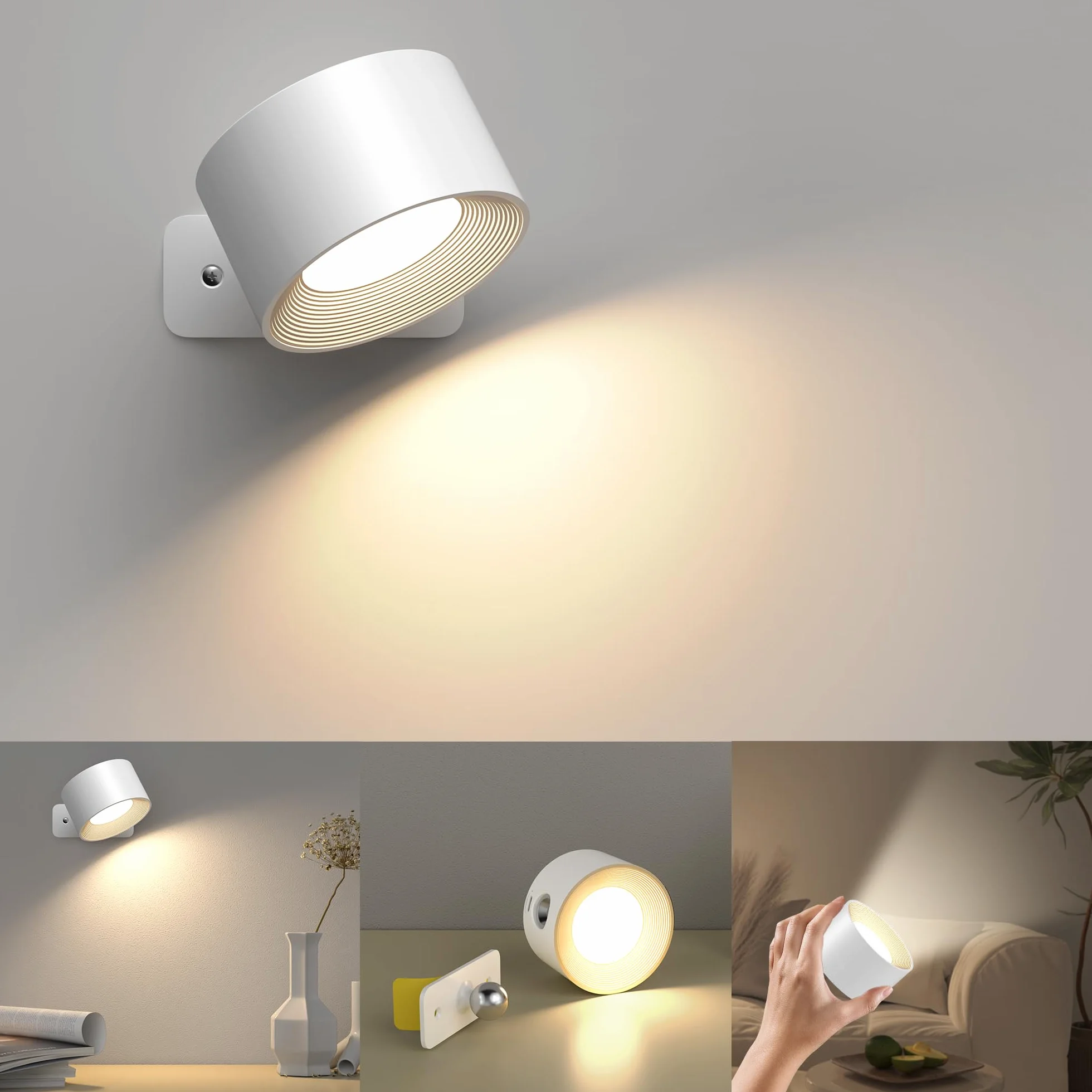 Indoor Wall Light, lampa ścienna z akumulatorem USB Charging, 3 kolory i 3 poziomy jasności LED Wall Light Indoor 360° Rotatable Touch Control Wall Lights Wireless Wall Lights (White)
