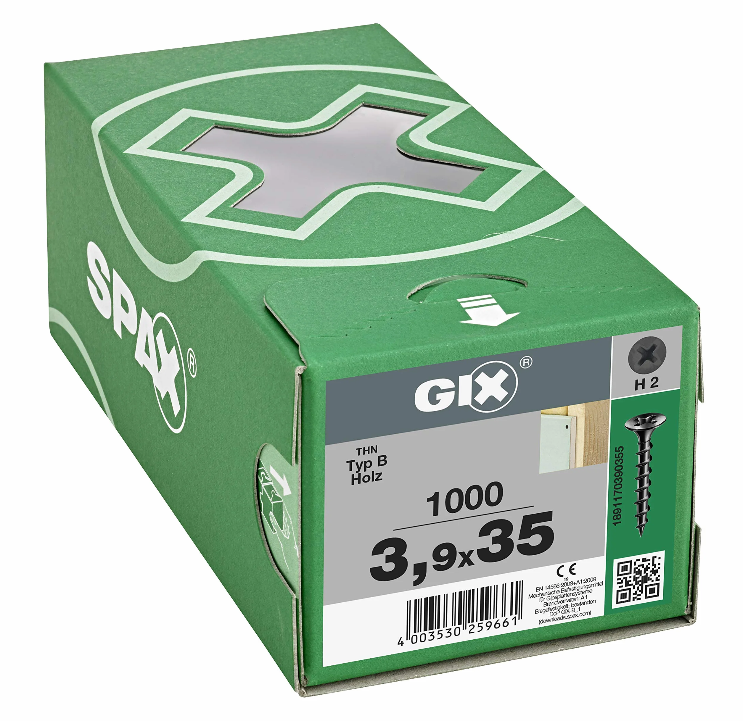 SPAX GIX-B Wkręty do szybkiego montażu 3,9 x 35 mm, gwint gruboziarnisty, 1000 sztuk, łeb trąbki, z rowkiem krzyżowym H2, śruby do suchej zabudowy do drewnianych podkonstrukcji – 1891170390355