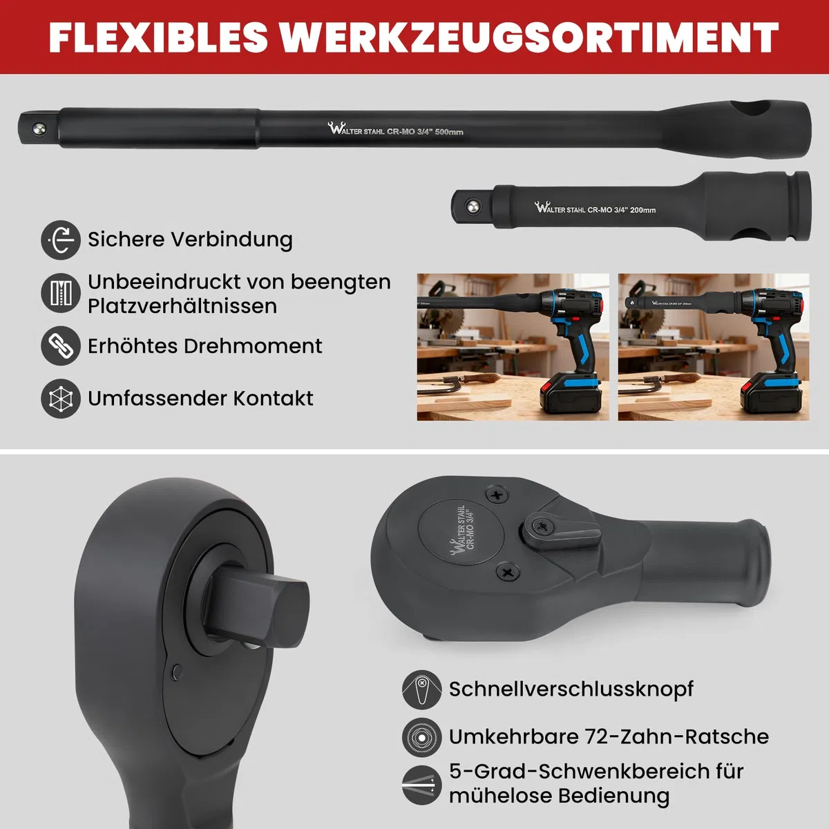 WALTER STAHL zestaw 26 nasadek do wkrętarki udarowej, nakrętki 3/4", 1" F x 3/4" M, standardowe rozmiary metryczne (21-65 mm), stalowy zestaw kluczy nasadowych Cr-V