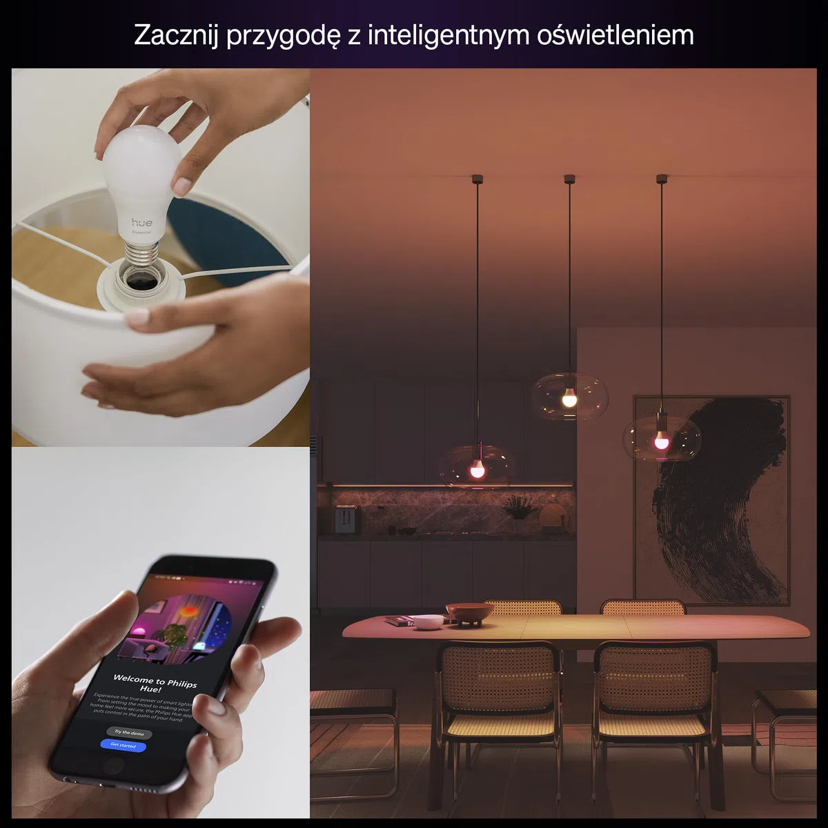 Żarówka Philips Hue Essential Smart LED A60, White and Color Ambiance, podstawa E27, 8 W, 2200K–6500K, 806 lumenów, przyciemnianie, działa z Alexą, Asystentem Google i Apple Home, 4 op.