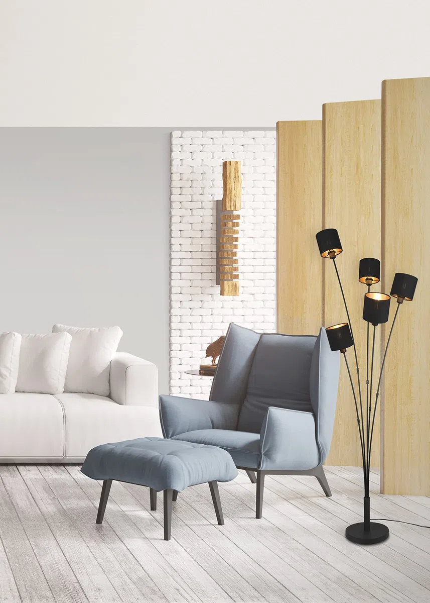 Reality Leuchten Tommy R46335979, metal czarny matowy, abażur z materiału czarny, złoty, ekskluzywny 5 x E14