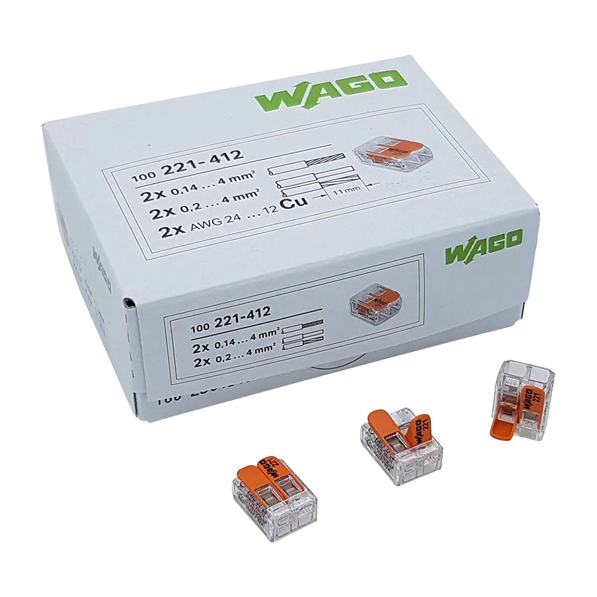 WAGO 50 sztuk 221-412 zacisk łączący, 2-żyłowy, z dźwignią, 0,2-4 mm², mały kształt, przezroczyste