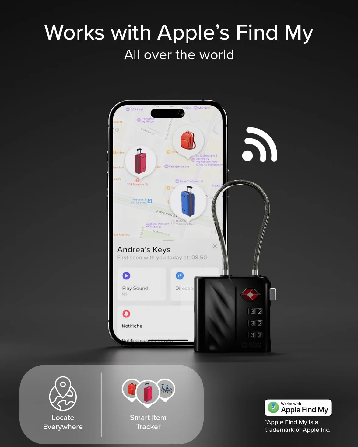 SBS Track My Lock, Zamek TSA z Wbudowanym Lokalizatorem Finder, Kompatybilny z Apple Find My (iOS), Zamek z Kodem 3-cyfrowym, Alarm 60 dB, Ładowanie USB-C, Idealny do Walizek i Toreb, Czarny