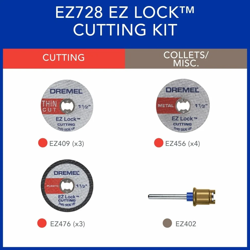Dremel EZ728-01 EZ Lock obrotowe tarcze tnące, zestaw akcesoriów, koła tnące do plastiku, metalu i cienkich cięć, 11-częściowy zestaw akcesoriów