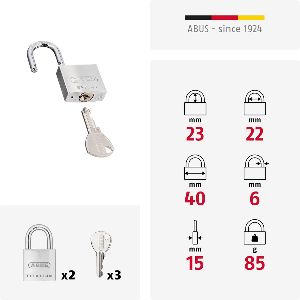 ABUS Kłódka Titalium 64TI/40 - zestaw 2 sztuk, równocześnie zamykająca - zamek do piwnicy z korpusem zamka ze specjalnego aluminium - hartowany stalowy pałąk - poziom bezpieczeństwa ABS 5