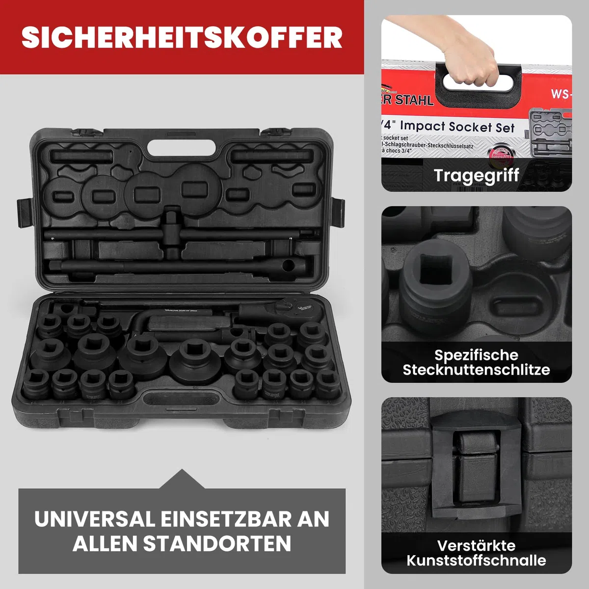 WALTER STAHL zestaw 26 nasadek do wkrętarki udarowej, nakrętki 3/4", 1" F x 3/4" M, standardowe rozmiary metryczne (21-65 mm), stalowy zestaw kluczy nasadowych Cr-V