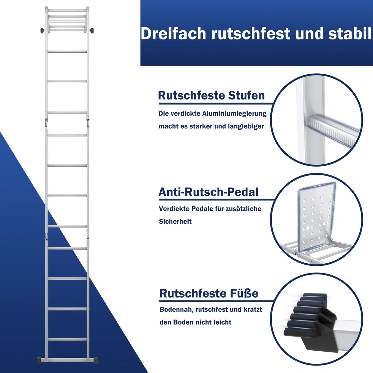 XMTECH Uniwersalna drabina składana, przegubowa z platformą, aluminiowa drabina, wielofunkcyjna, 6 w 1, drabina przystawna, z aluminium, 4 x 3 stopnie, srebrna