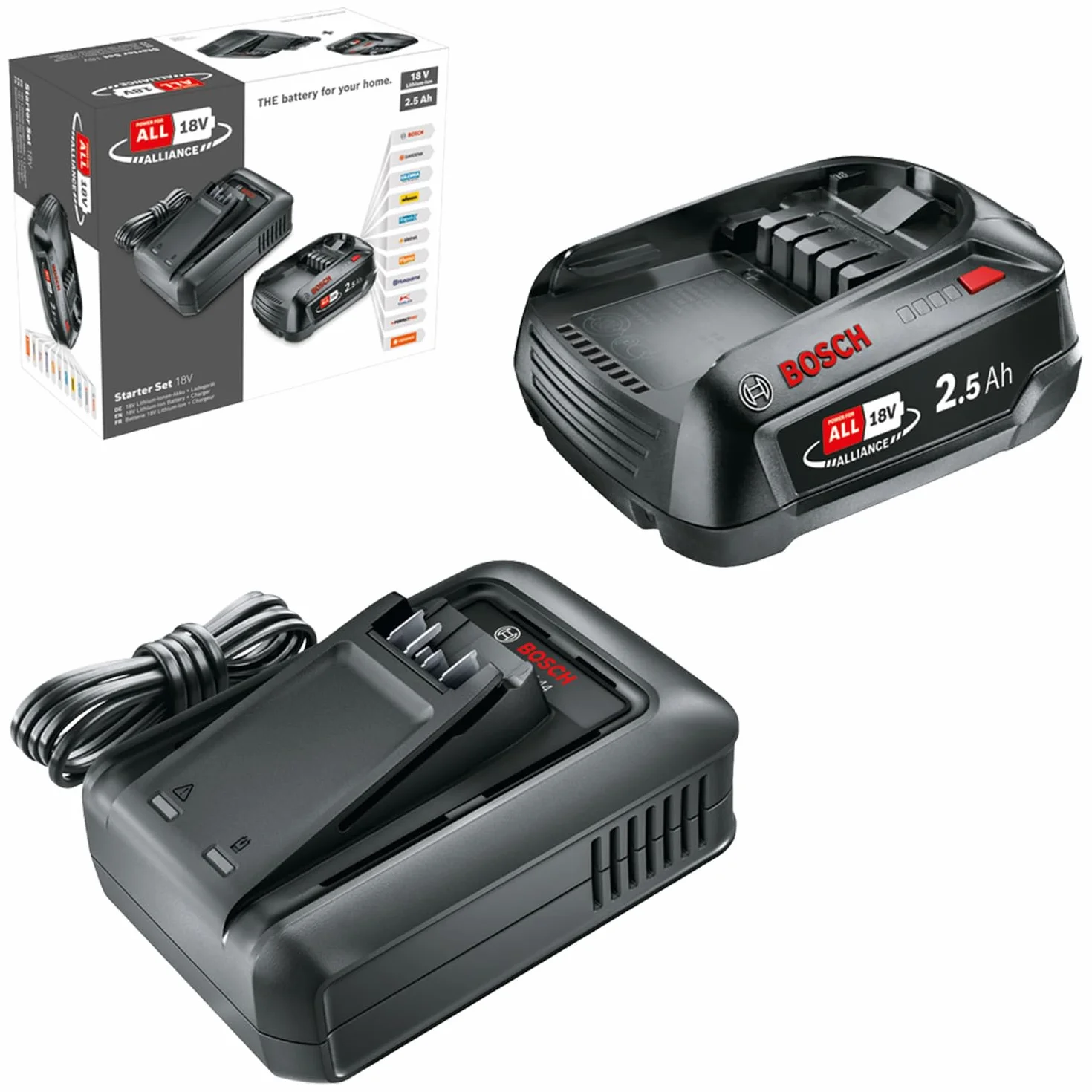 Bosch Starter Set 18V - akumulator i szybka ładowarka (1 akumulator Li-ion 2,5 Ah, szybka ładowarka POWER FOR ALL 18V Alliance)