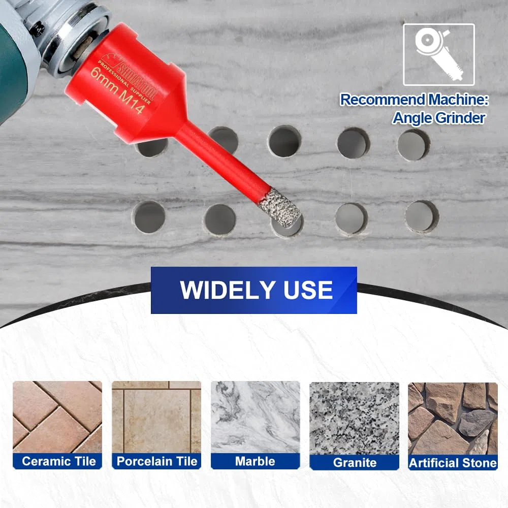 SHDIATOOL Wiertło z rdzeniem diamentowym, średnica otwornicy 6 mm 1/4 cala M14 gwint lutowany próżniowo do betonu granitu marmuru porcelanowego płytek murarskich, 10 szt