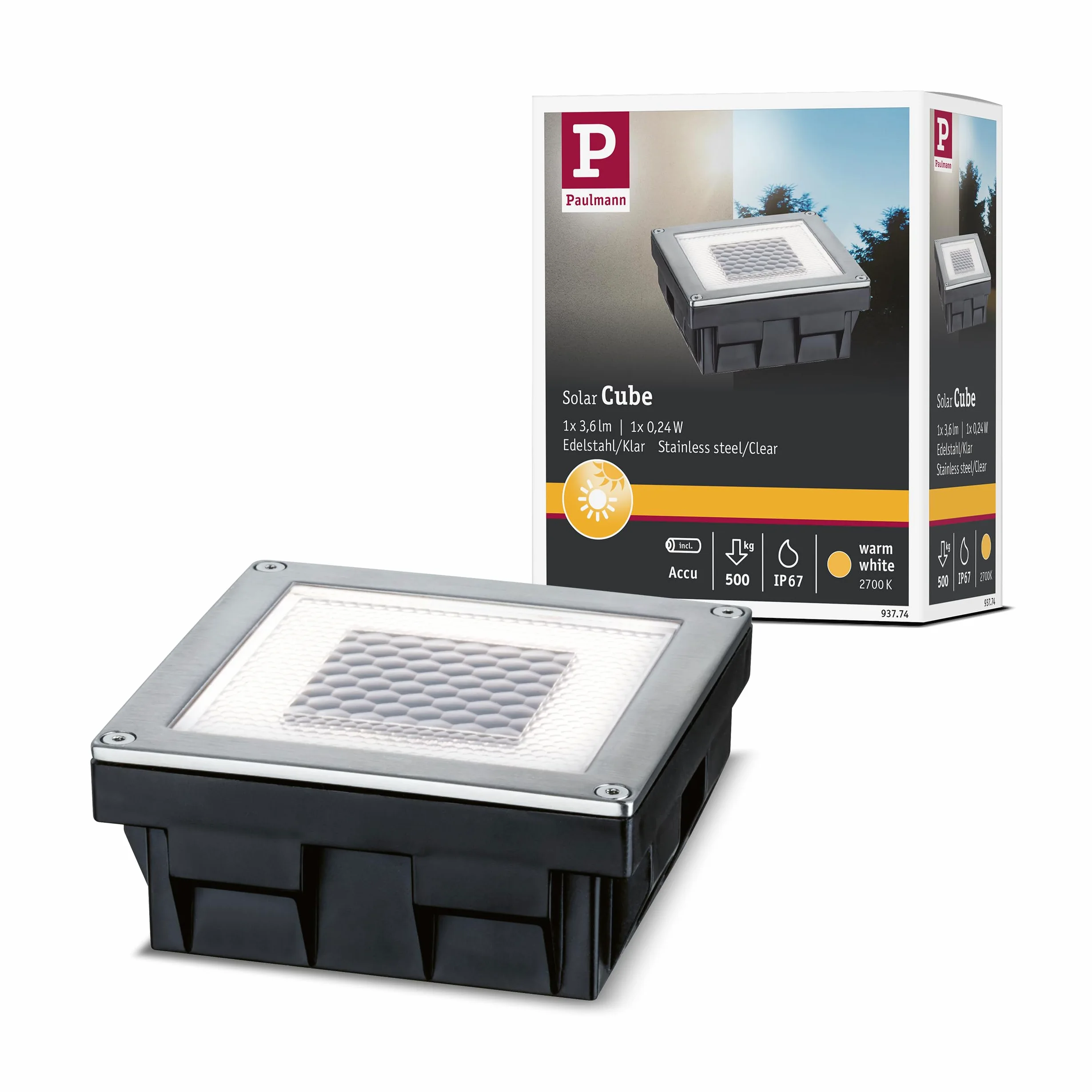 Paulmann 937.74 Special Line Solar Cube/Box LED IP67 ciepła biel 0,24 W 93774 lampa solarna zewnętrzna lampa podłogowa kamień brukowy, 10 x 10 cm, stal nierdzewna, przezroczysta