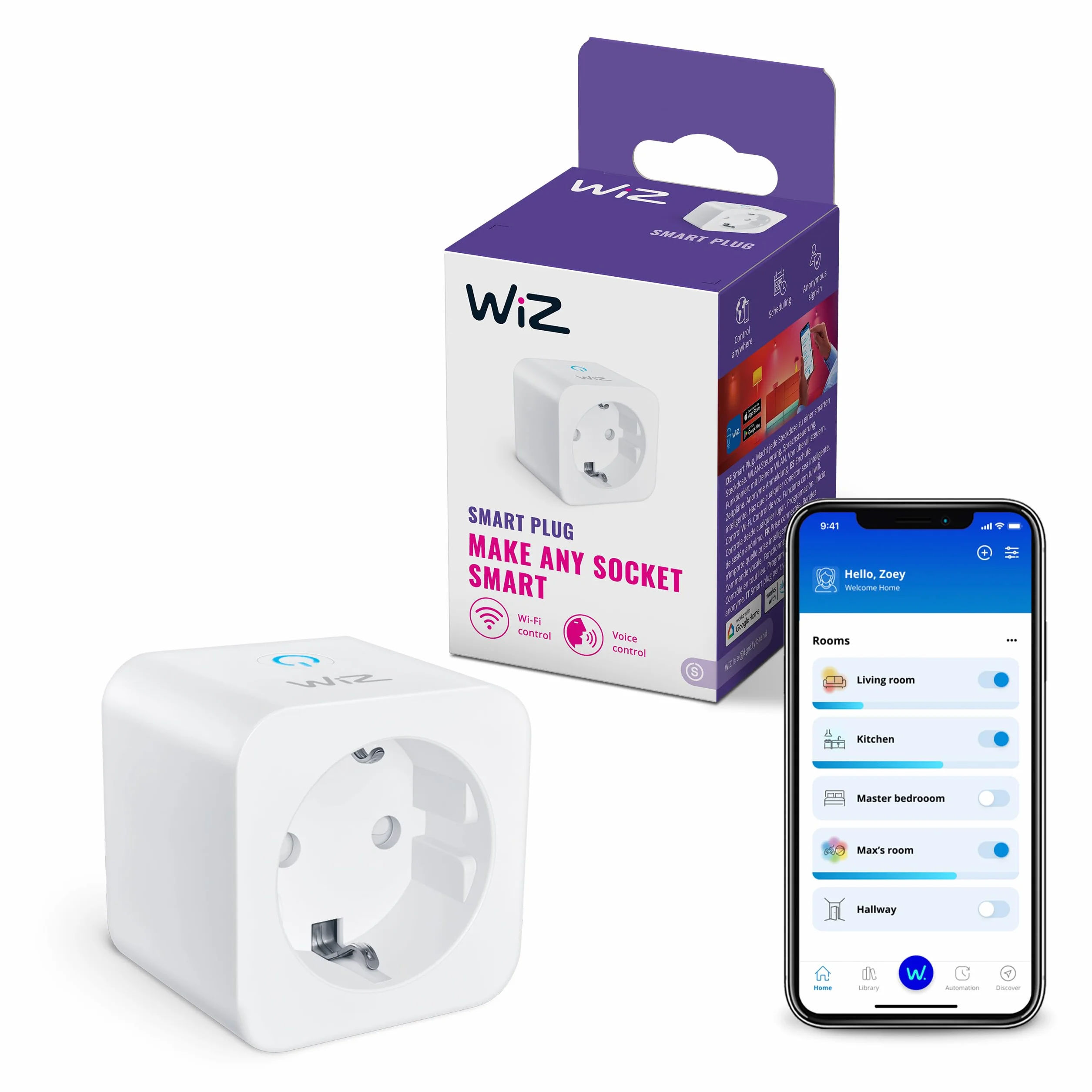 WiZ Wi-Fi Smart Plug, Typ F, 230 V, 50 Hz, Łatwa Konfiguracja, Certyfikat Matter, Inteligentne Sterowanie, Komendy Głosowe, Działa z Alexa, Google Home i Apple Home, Zestaw 1 Szt.