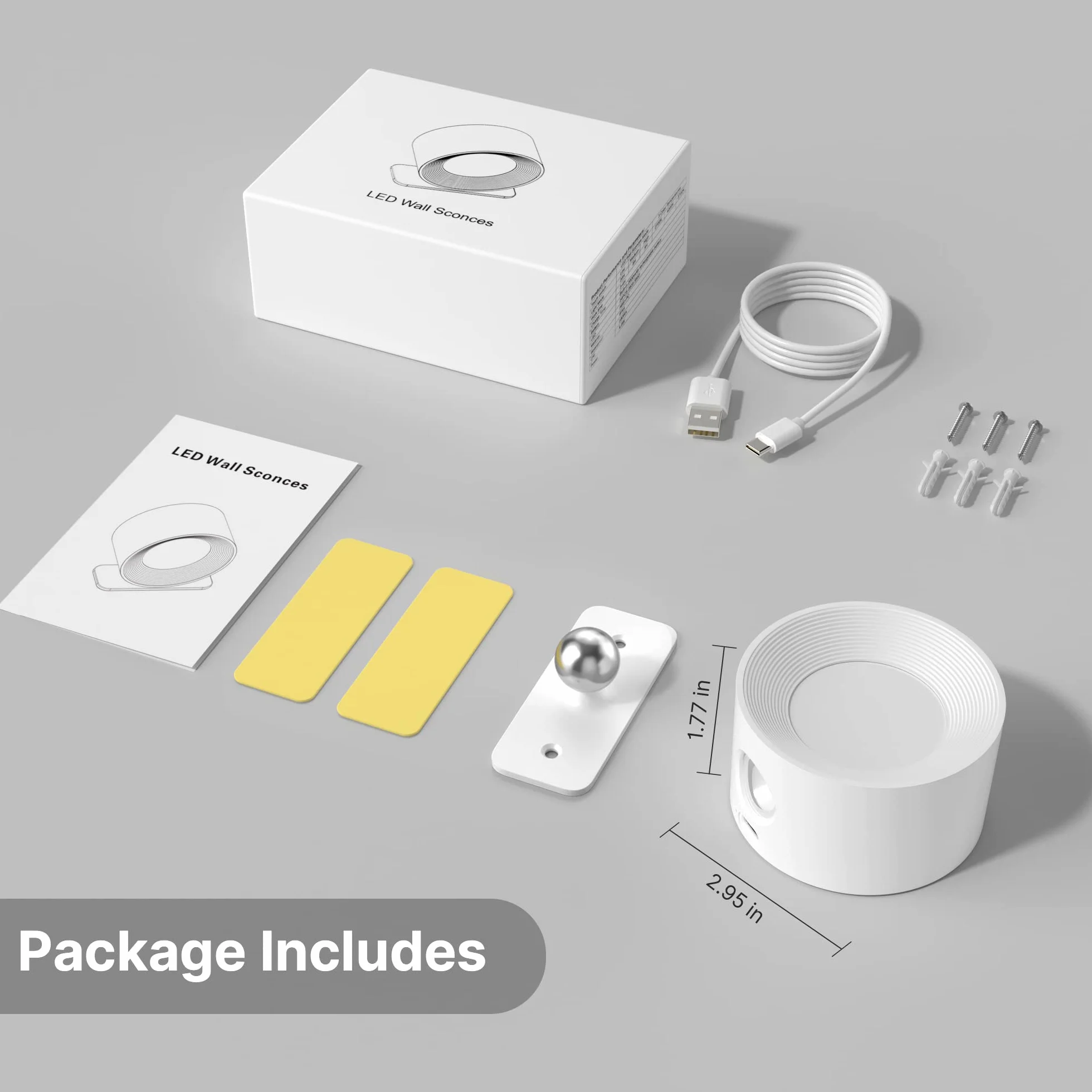Indoor Wall Light, lampa ścienna z akumulatorem USB Charging, 3 kolory i 3 poziomy jasności LED Wall Light Indoor 360° Rotatable Touch Control Wall Lights Wireless Wall Lights (White)