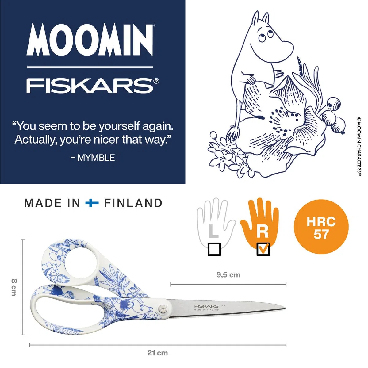 Fiskars Nożyczki uniwersalne X Moomin z motywem Muminków, praworęczne, długość: 21 cm, ostrza ze stali nierdzewnej, Haru, 1075572