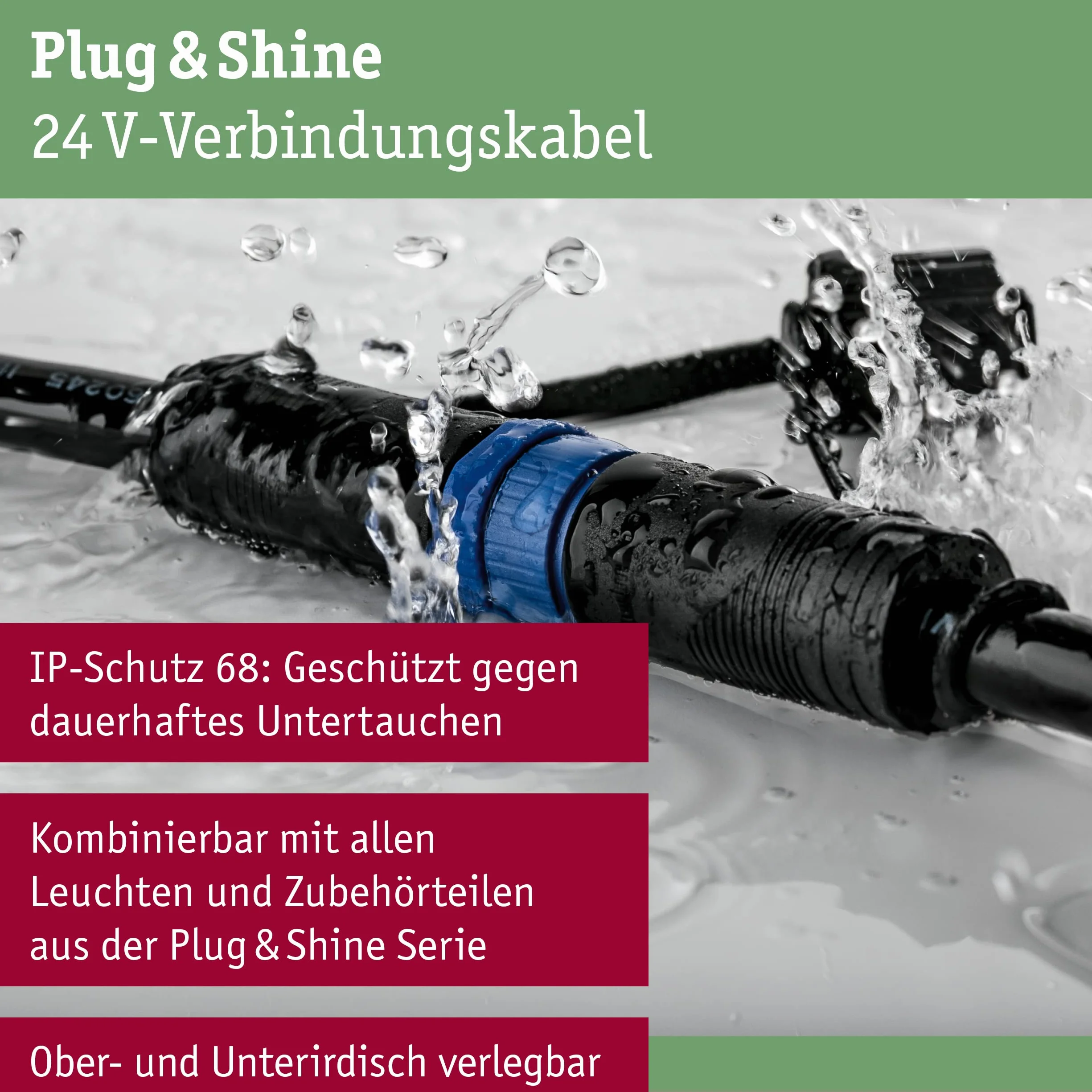 Paulmann 94596 Plug & Shine lampa zewnętrzna kabel 5 m 4 wyjścia IP68 czarny maks. 150 W czarny system oświetlenia ogrodowego tworzywo sztuczne