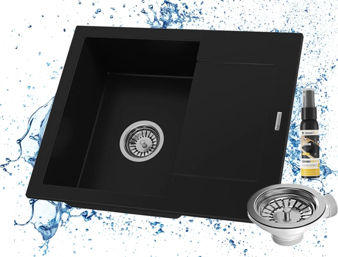 GRANITAN Zlewozmywak BELLO z syfonem i impregnacją – zestaw zlewozmywaka kuchennego – nowoczesny zlewozmywak granitowy 47x57 cm – zlew do kuchni z syfonem chromowanym – czarny