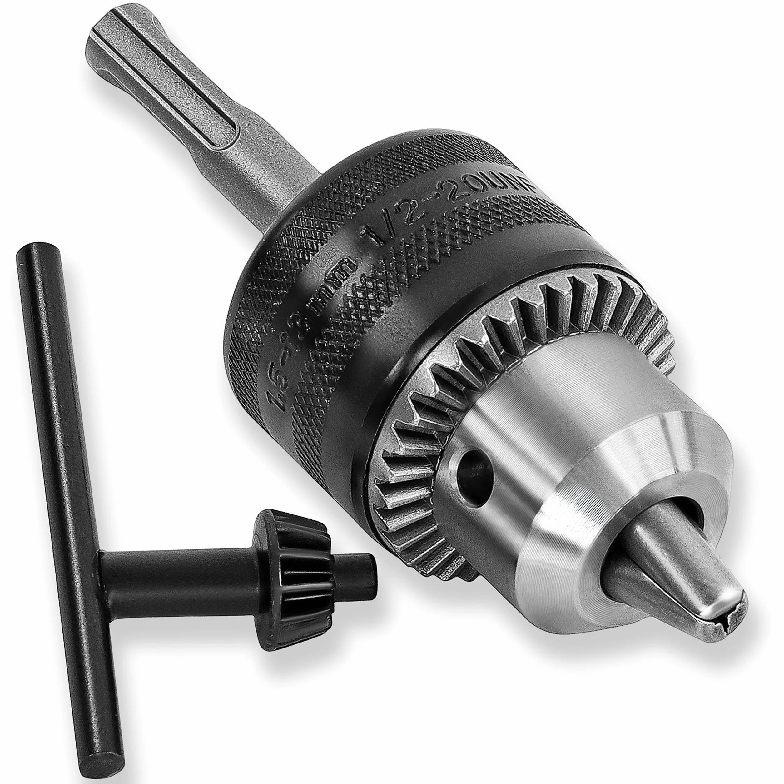 S&R Uchwyt wiertarski z wieńcem zębatym 1,5-13 mm, 1/2-20UNF, wysokiej jakości metalowy uchwyt wiertarski z adapterem do SDS-plus do wiertarek i wiertarek udarowych