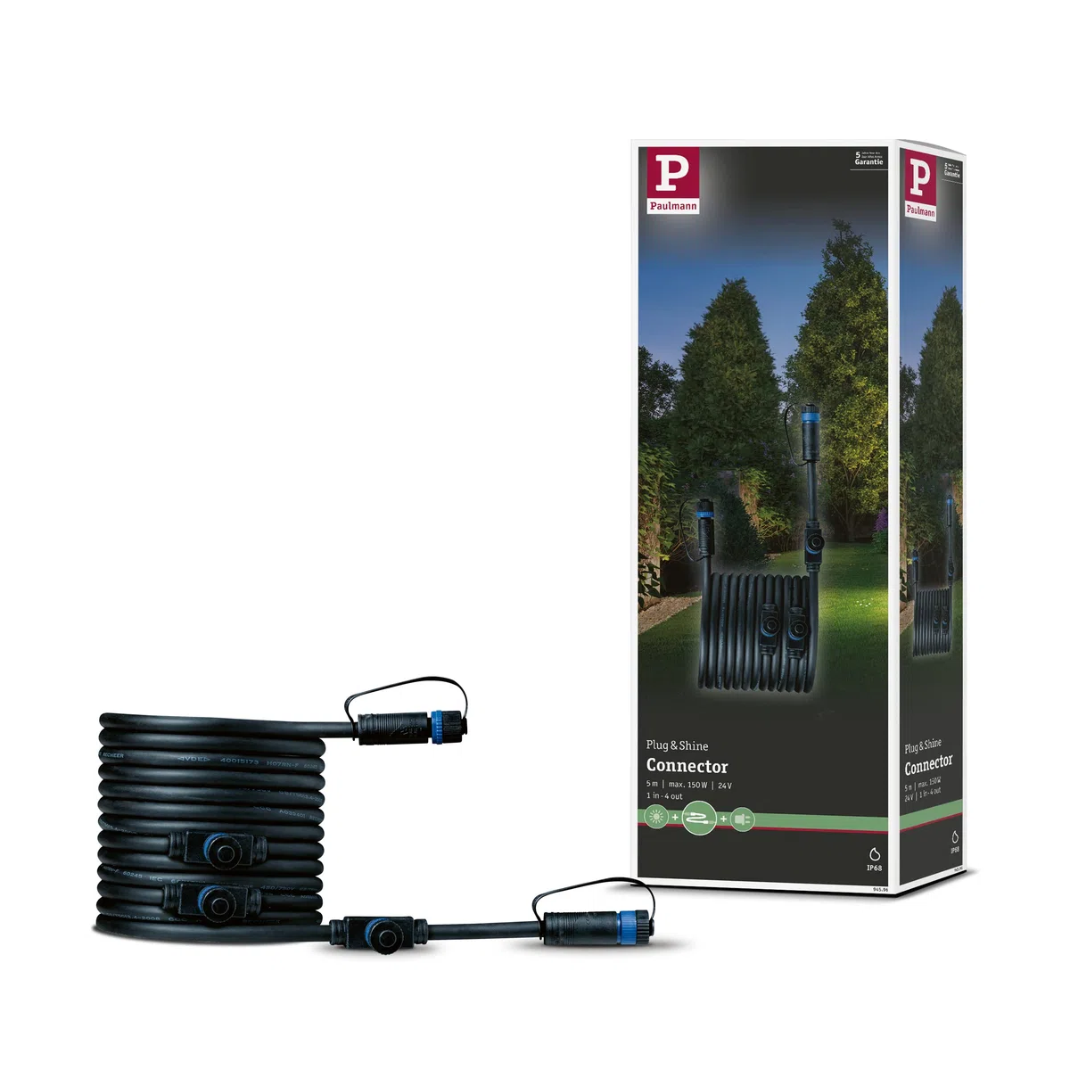 Paulmann 94596 Plug & Shine lampa zewnętrzna kabel 5 m 4 wyjścia IP68 czarny maks. 150 W czarny system oświetlenia ogrodowego tworzywo sztuczne