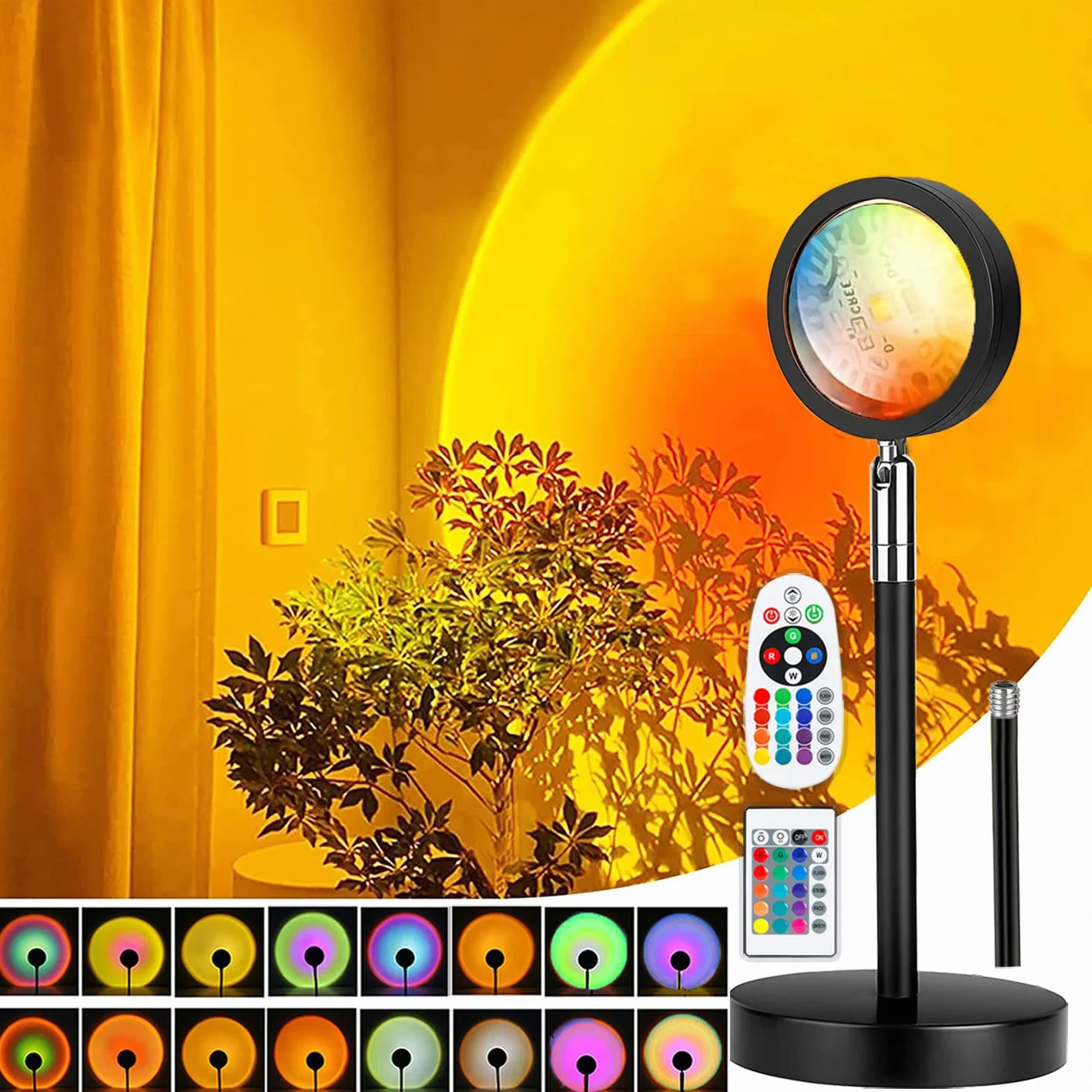 Sunset Lamp, lampa z USB, regulowana wysokość, lampka nocna LED Rainbow Light, 24 kolory, dwa piloty zdalnego sterowania, 4 dynamiczne tryby, obrót o 180°, Sunset lampa projekcyjna, selfie, fotografia