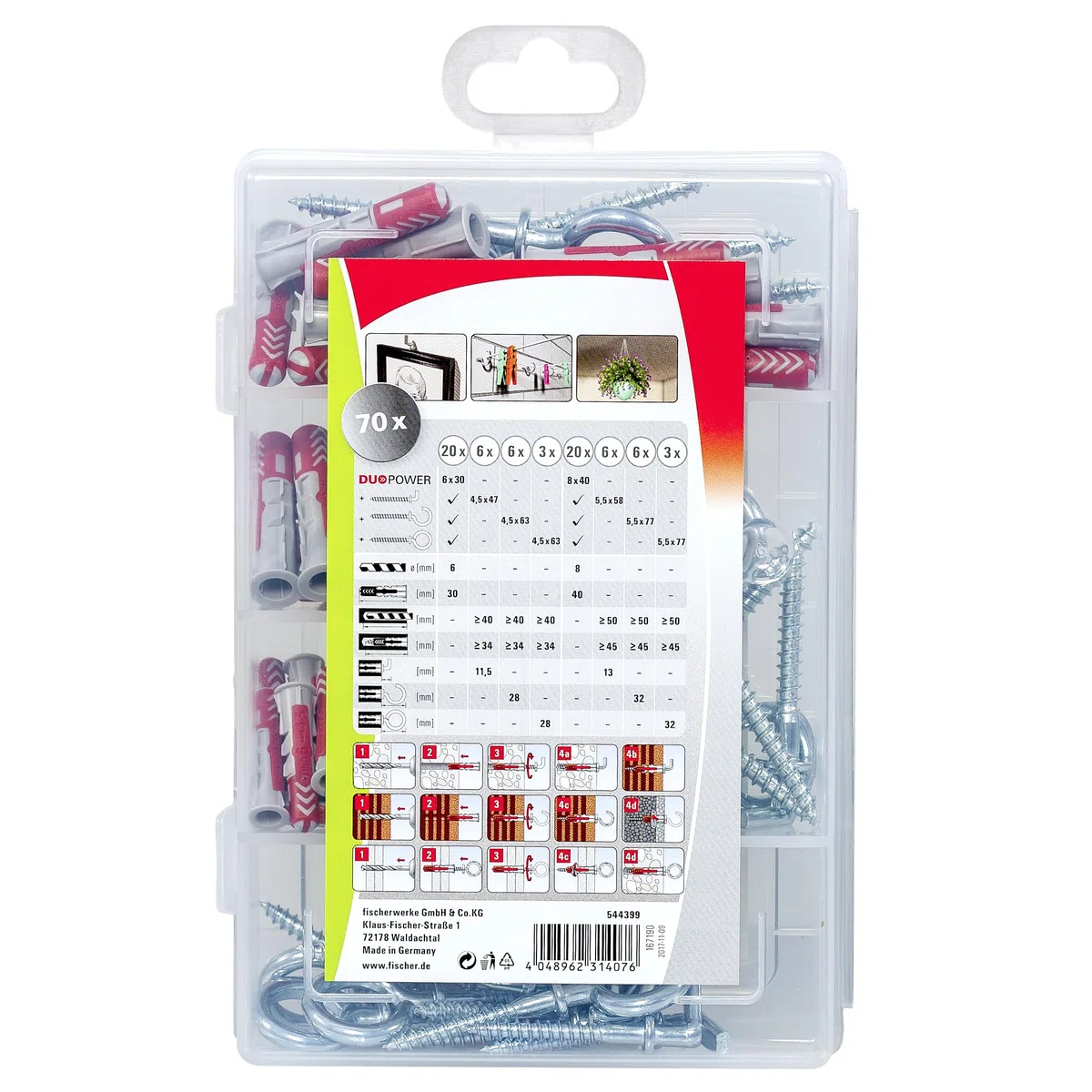 fischer Profesjonalne pudełko DuoPower z haczykami, pudełko na kołki z 70 elementami (20 szt. 6 x 30, 20 szt. 8 x 40, 30 szt. haków kątowych, okrągłych i oczkowych), uniwersalne kołki, praktyczna