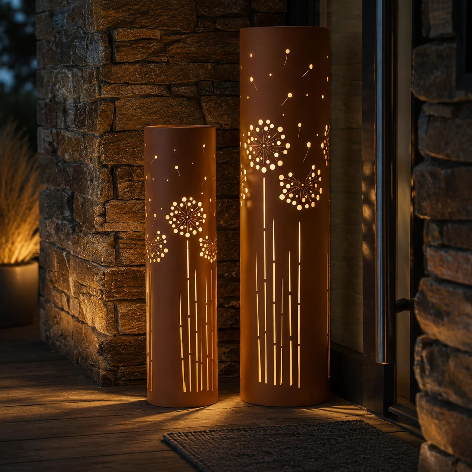 UNUS Zestaw 2 lamp solarnych do ogrodu 60 cm i 80 cm, z dmuchawcem, lampy ogrodowe do użytku na zewnątrz w kolorze rdzawego brązu, latarnia solarna do użytku na zewnątrz jako oświetlenie ogrodowe