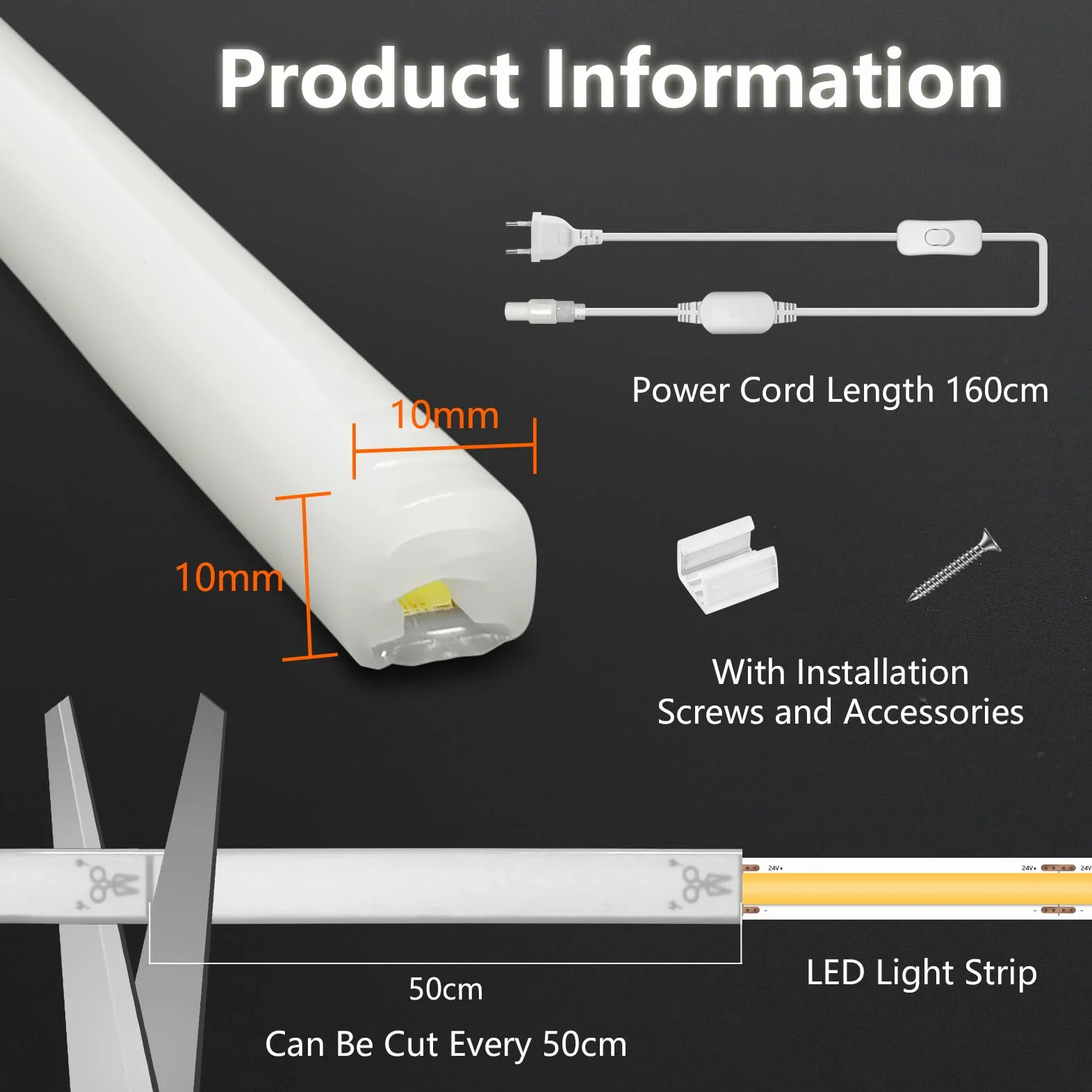 5 Metrów Neonowy Pasek LED, Silikon COB Okrągłe Paski LED Zewnętrzne Wodoodporne IP65 20m światła LED Sypialnia 220V Chłodna Biel 6000K Możliwość Przycięcia 120 Diod LED/m zÓ