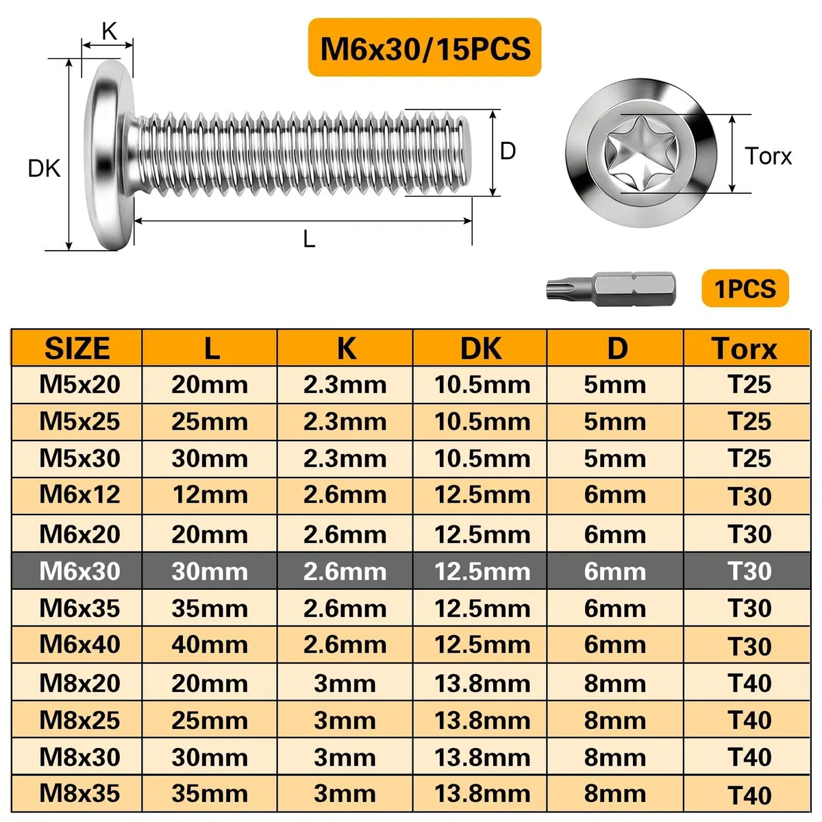 Śruby z łbem płaskim M6 x 30 mm, śruby ze stali nierdzewnej A2 V2A, 15 sztuk śrub z łbem soczewkowym, Torx, M6, śruby meblowe, pełny gwint, śruby metalowe z bitem Torx do naprawy mebli