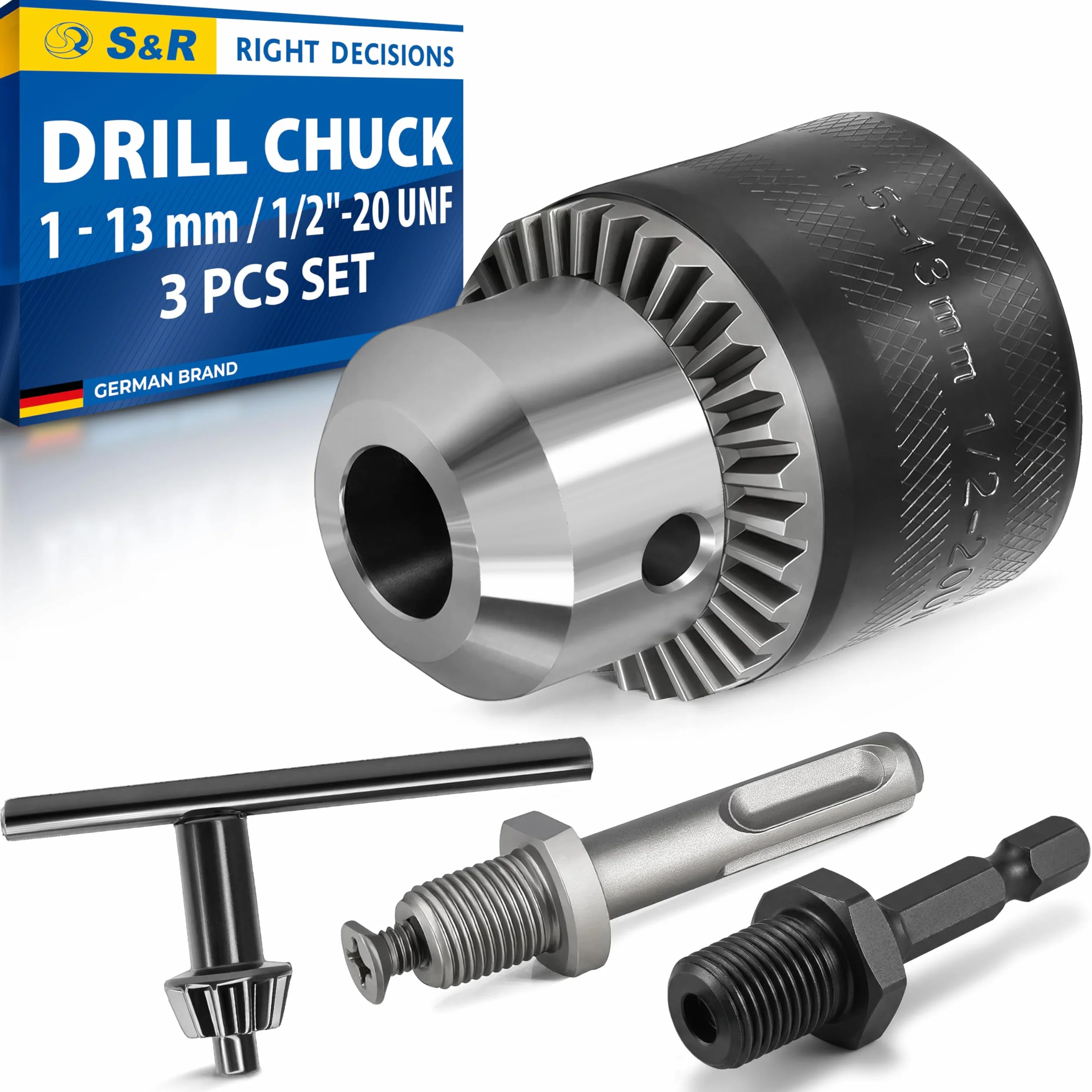 S&R Uchwyt wiertarski z wieńcem zębatym 1,5-13 mm, 1/2-20UNF, wysokiej jakości metalowy uchwyt wiertarski z adapterem do SDS-plus do wiertarek i wiertarek udarowych