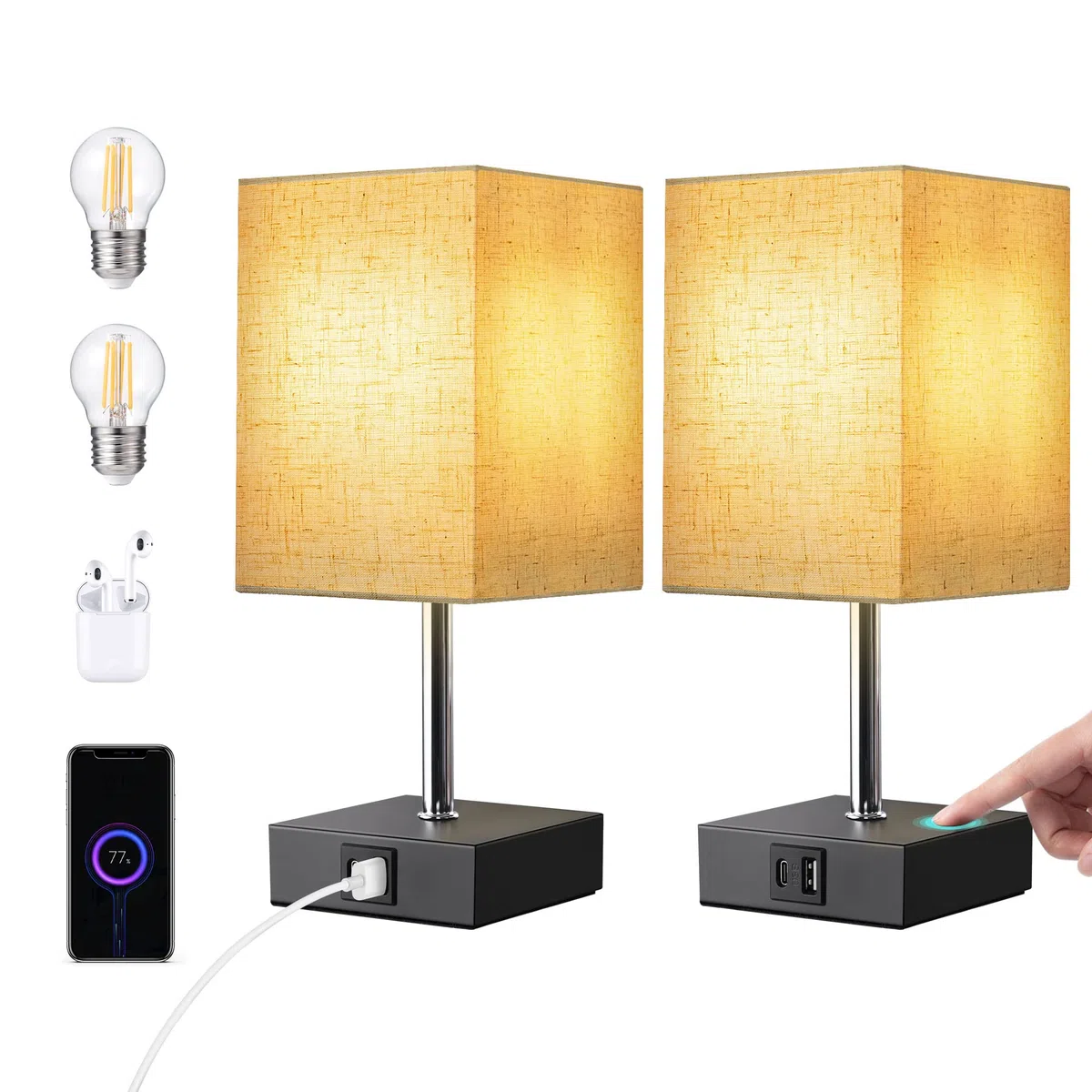 EDISHINE 2 lampy stołowe, regulator dotykowy, 2 USB, beżowy owies | Żarówka LED 2700K w zestawie, funkcja ładowania, 5 V/2,1 A, do sypialni, salonu, parapetu, 28 cm