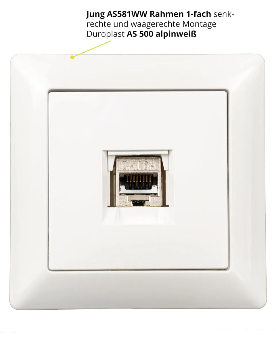 Zestaw puszek danych - Jung osłona pojedyncza A569-1NWEWW i pojedyncza ramka AS581WW wraz z 1 x Keystone Jack Module Cat.6A 500 MHz 10Gbit ..