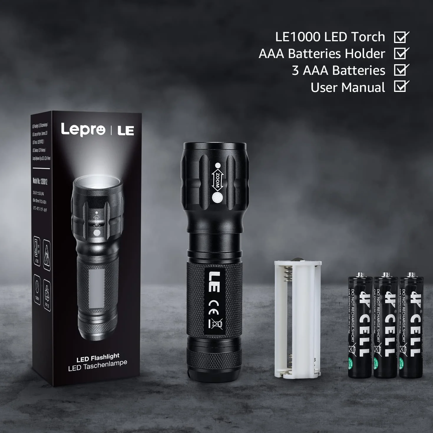 LE1000 mała latarka LED, bardzo jasna, z zoomem, zasilana bateriami, przenośna latarka błyskowa, wodoszczelna latarka, na kemping, do aktywności na świeżym powietrzu, wędrówek, sytuacji awaryjnych