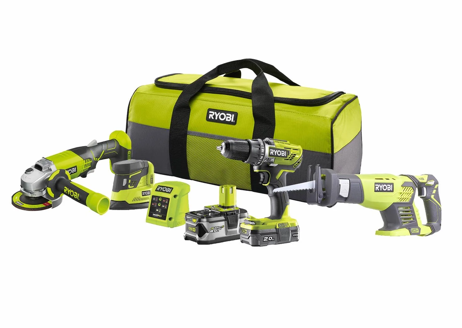 RYOBI - Zestaw 2 narzędzi 18 V ONE+: Wiertarka 50 Nm + Piła szablasta + szlifierka + 2 baterie (2 i 4 Ah) + ładowarka + torba transportowa - R18CK4E-242S