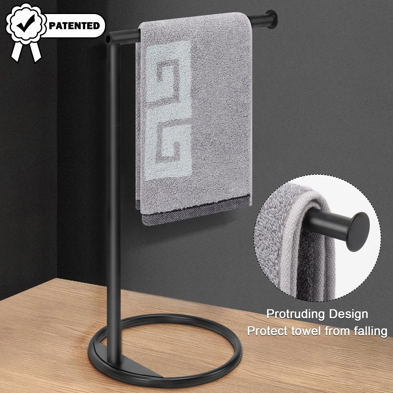 NearMoon Hand Towel Holder Stand, Thicken Metal L Shape Hand Towel Rack, Small Towel Ring, Stable Standing Towel Bar for Bathroom Kitchen Vanity Countertop, 8” L 14” H (Matte Black, 2 Pack)