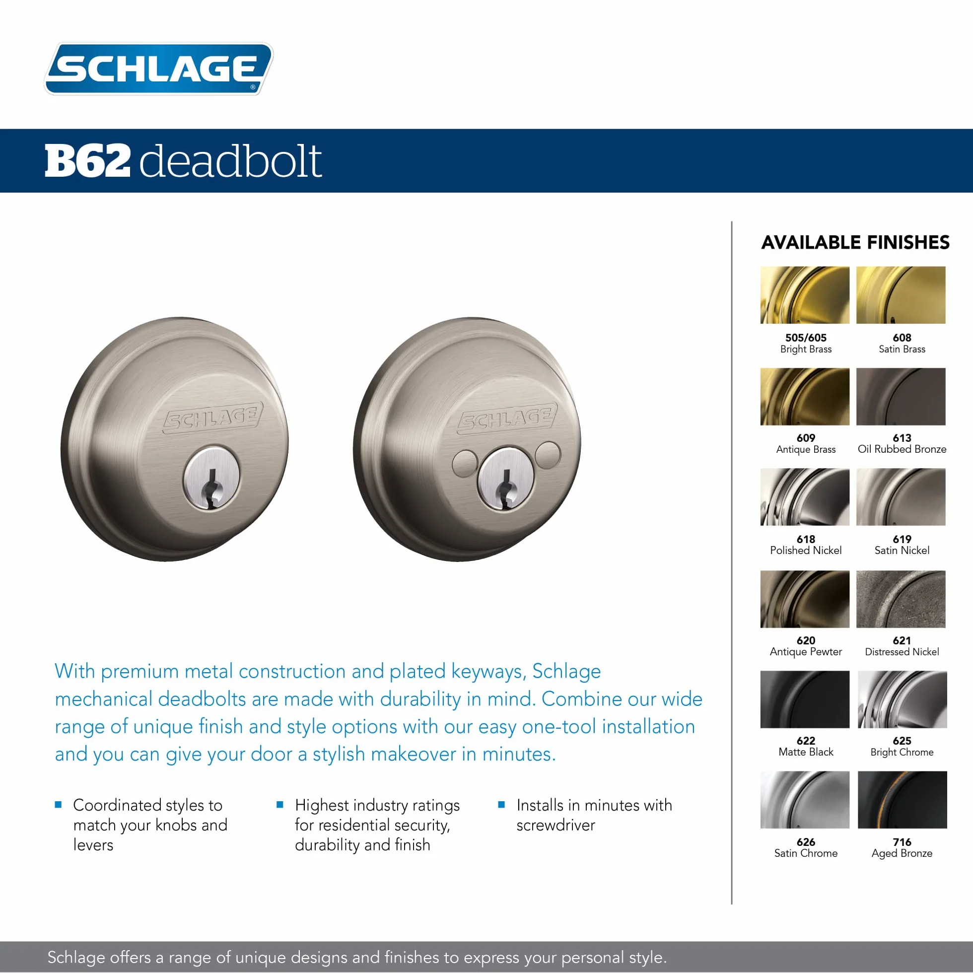 SCHLAGE Zasuwa z podwójnym cylindrem, mosiądz satynowy (B62 N 608)