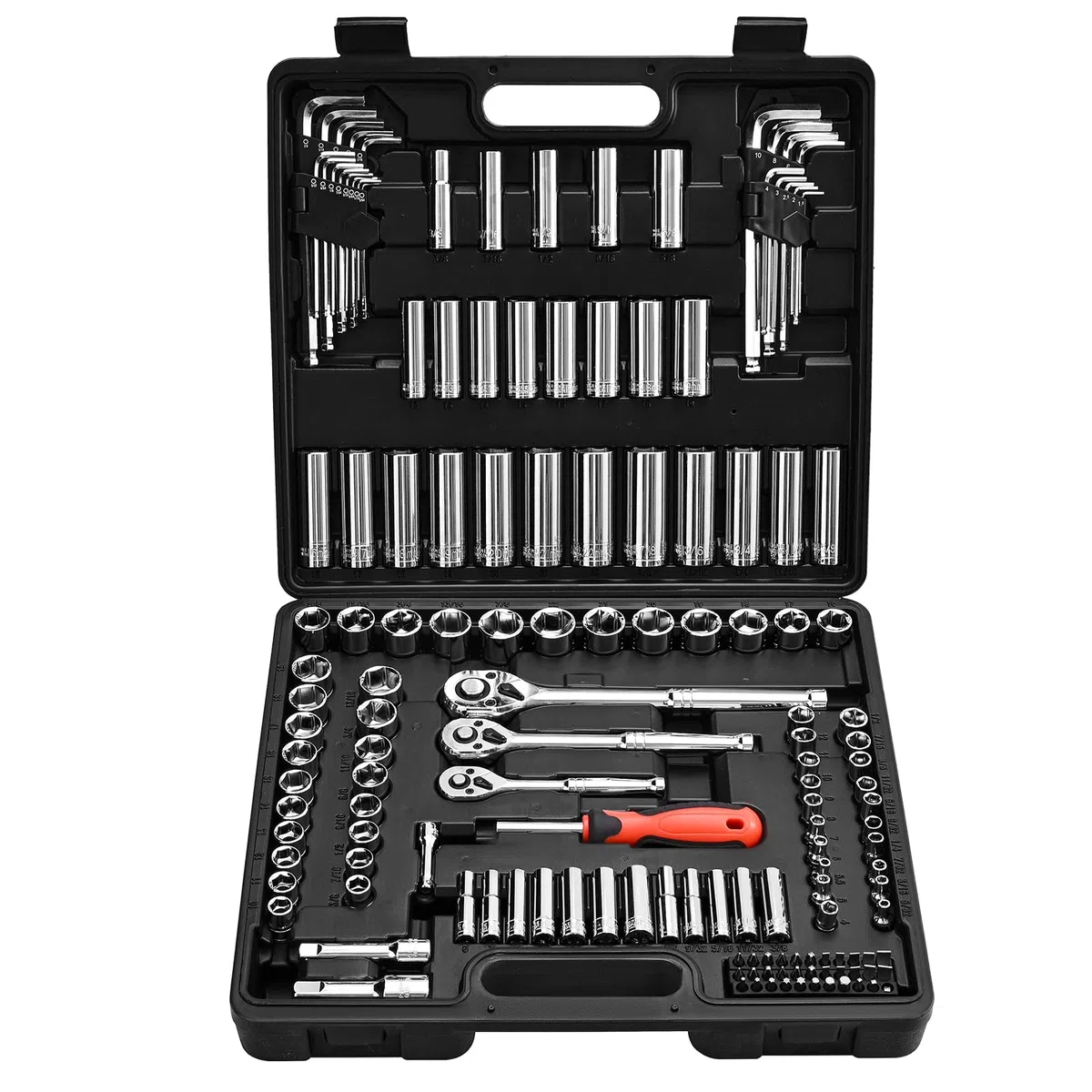 VEVOR Zestaw nasadek, 149 sztuk, 9,5 i 6,4 i 12,7 mm, zestaw nasadek i grzechotki, SAE i metryczne, głębokie i płytkie, zestaw narzędzi mechanicznych z bitami, akcesoria, walizka do przechowywania