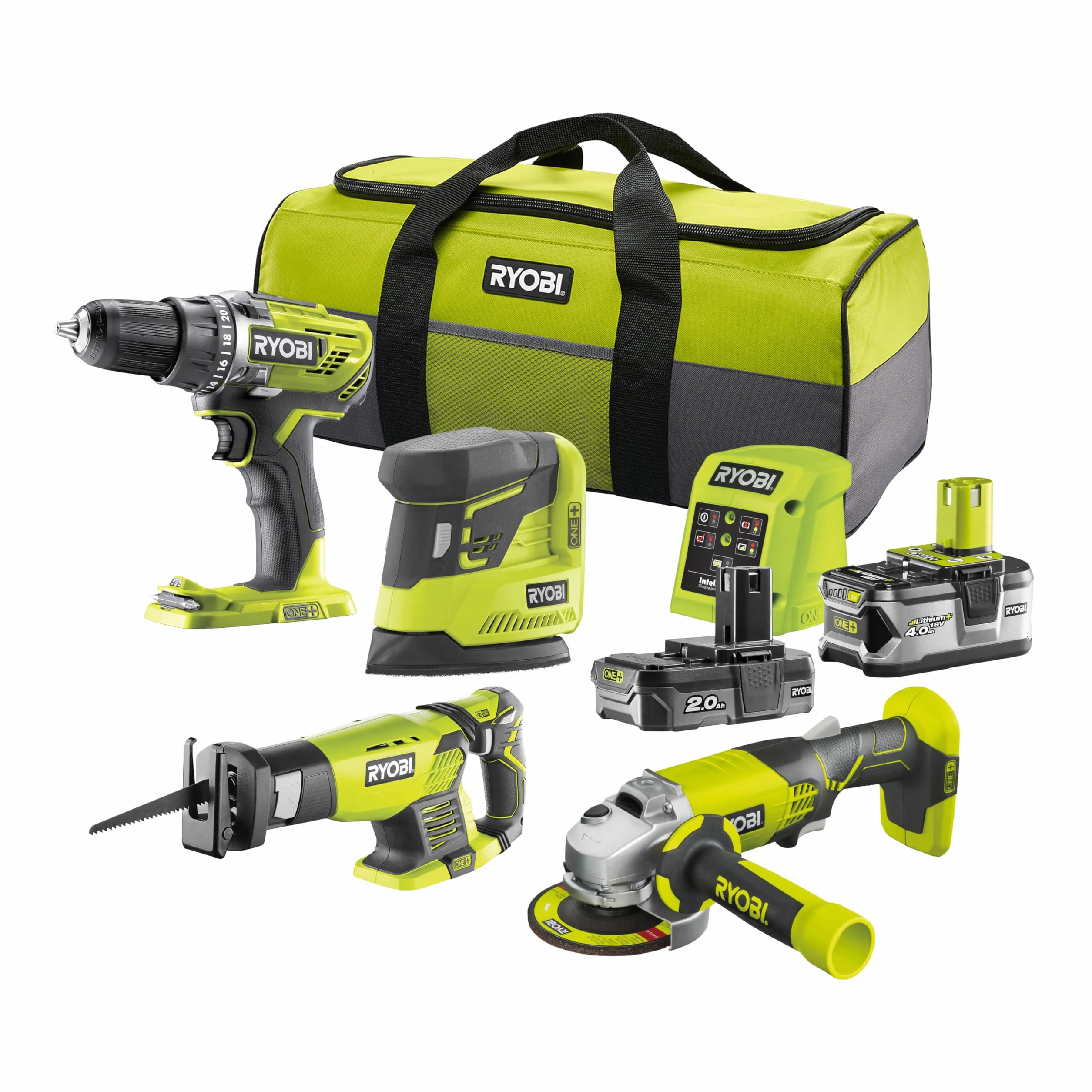RYOBI - Zestaw 2 narzędzi 18 V ONE+: Wiertarka 50 Nm + Piła szablasta + szlifierka + 2 baterie (2 i 4 Ah) + ładowarka + torba transportowa - R18CK4E-242S