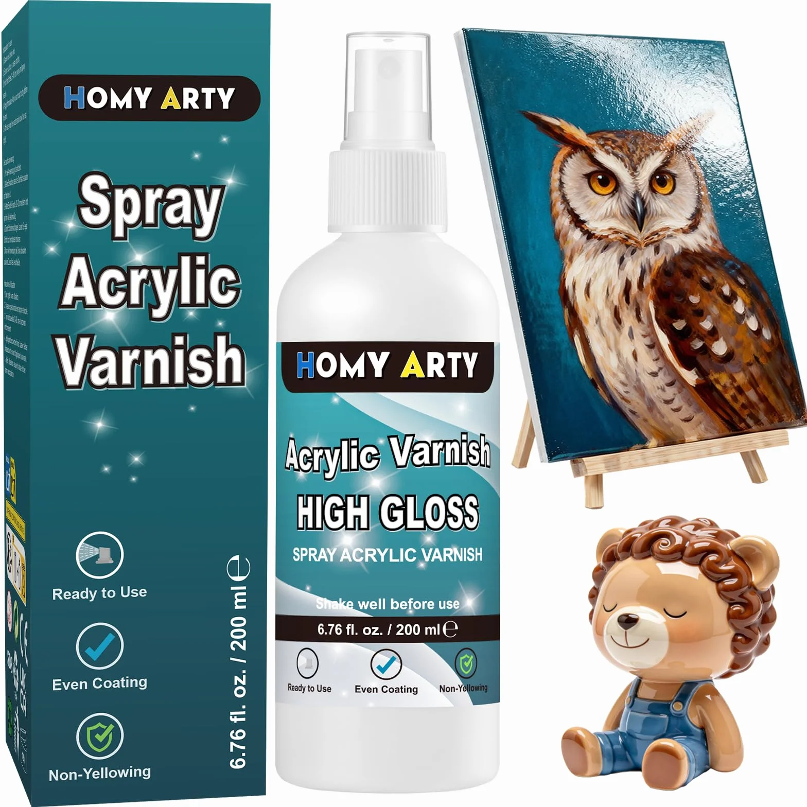 HOMY ARTY Lakier akrylowy w sprayu, lakier o wysokim połysku do malowania akrylowego, lakier w sprayu o wysokim połysku, dla trwałej ochrony, gotowy do użycia lakier do gliny, grafika, 200 ml
