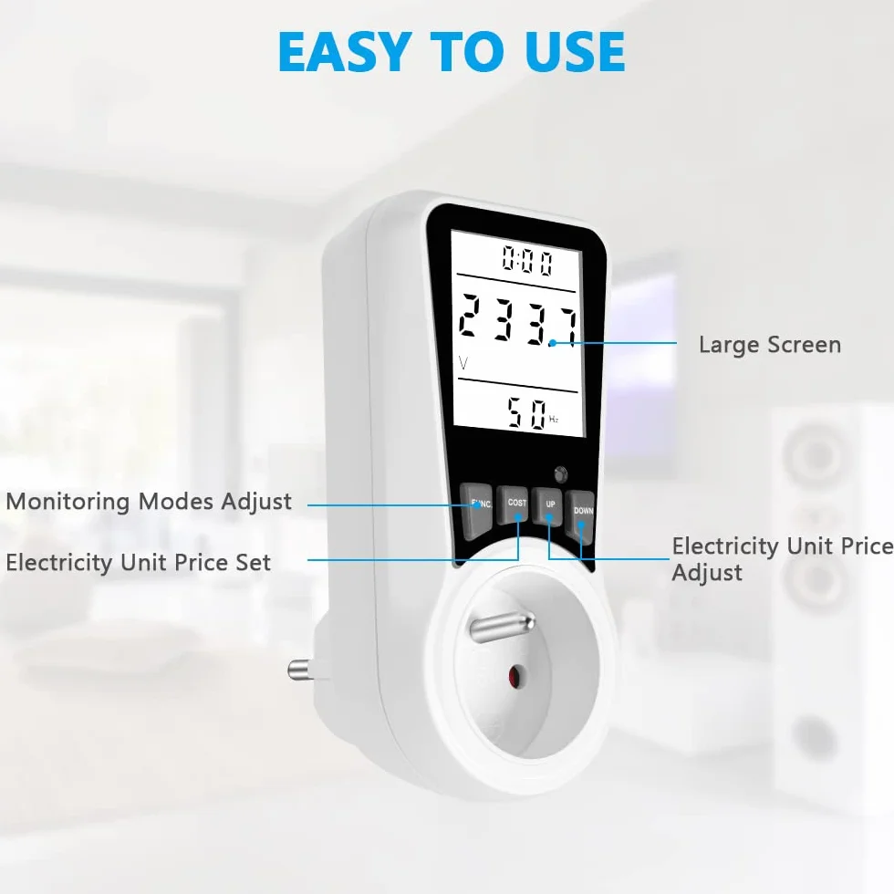 Flintronic Elektryczny miernik zużycia, monitor energii elektrycznej z podświetlanym wyświetlaczem LCD z ochroną przed przeładowaniem, monitorowanie zużytej energii, Watt, koszt energii elektrycznej (FR)