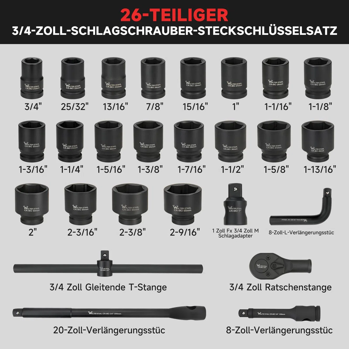 WALTER STAHL zestaw 26 nasadek do wkrętarki udarowej, nakrętki 3/4", 1" F x 3/4" M, standardowe rozmiary metryczne (21-65 mm), stalowy zestaw kluczy nasadowych Cr-V