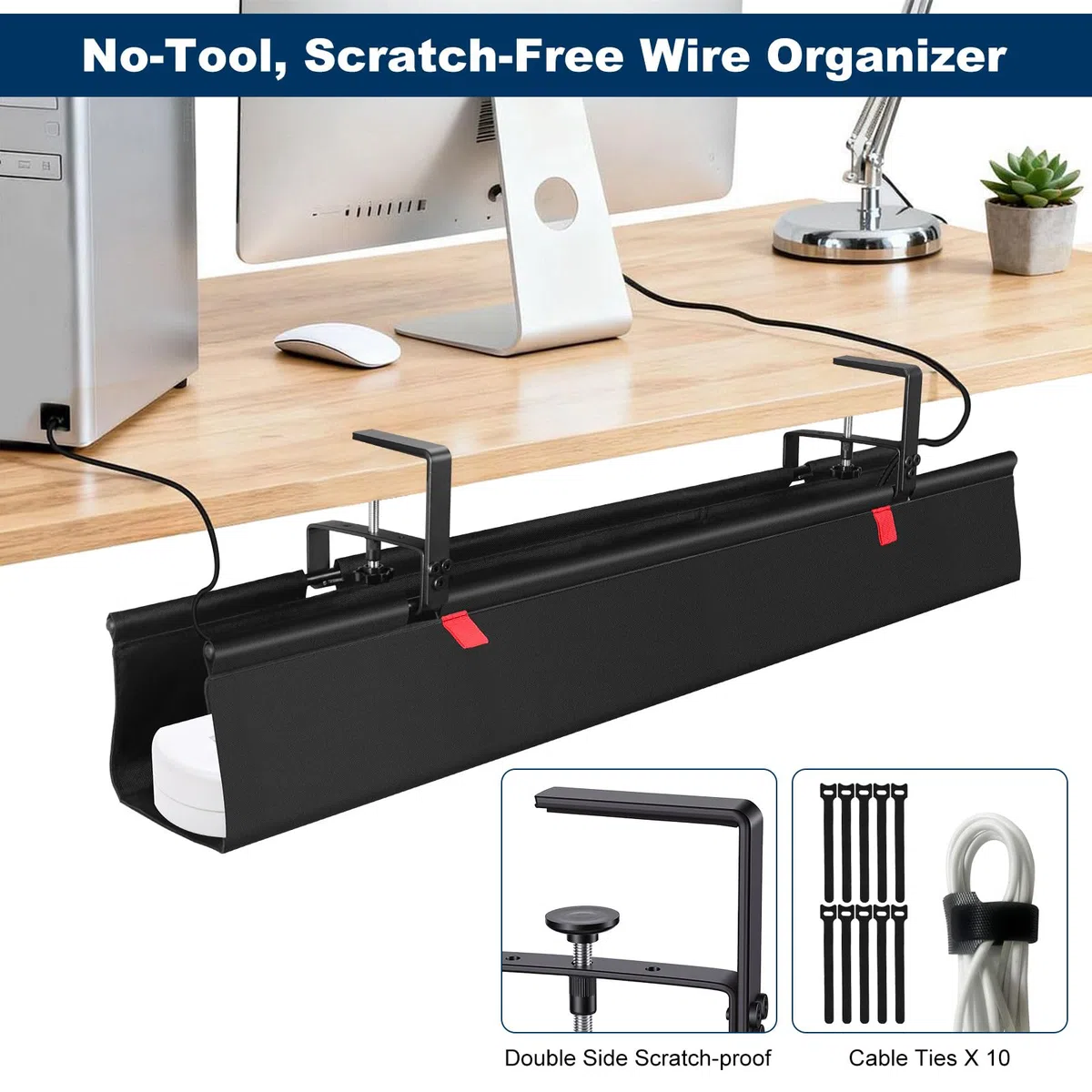 Fentar Organizator kabli biurkowych, 90 cm, taca kablowa na biurko w tkaninie Oxford 600D, zarządzanie kablami pod biurkiem z uchwytem zaciskowym, zbiera kabel stół z otworem bocznym