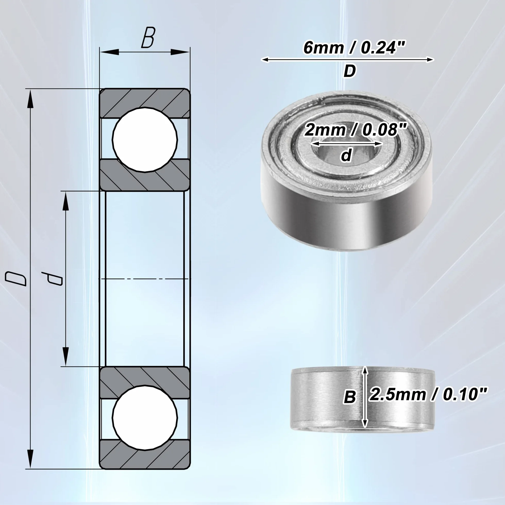 A ABSOPRO 2x6x2.5mm MR62ZZ Głębokie Slot Kulkowe Łożyska Srebrny Ton - 10 sztuk