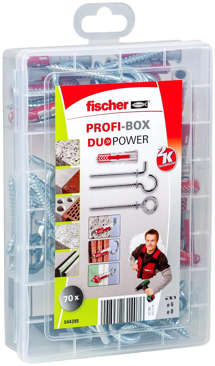 fischer Profesjonalne pudełko DuoPower z haczykami, pudełko na kołki z 70 elementami (20 szt. 6 x 30, 20 szt. 8 x 40, 30 szt. haków kątowych, okrągłych i oczkowych), uniwersalne kołki, praktyczna